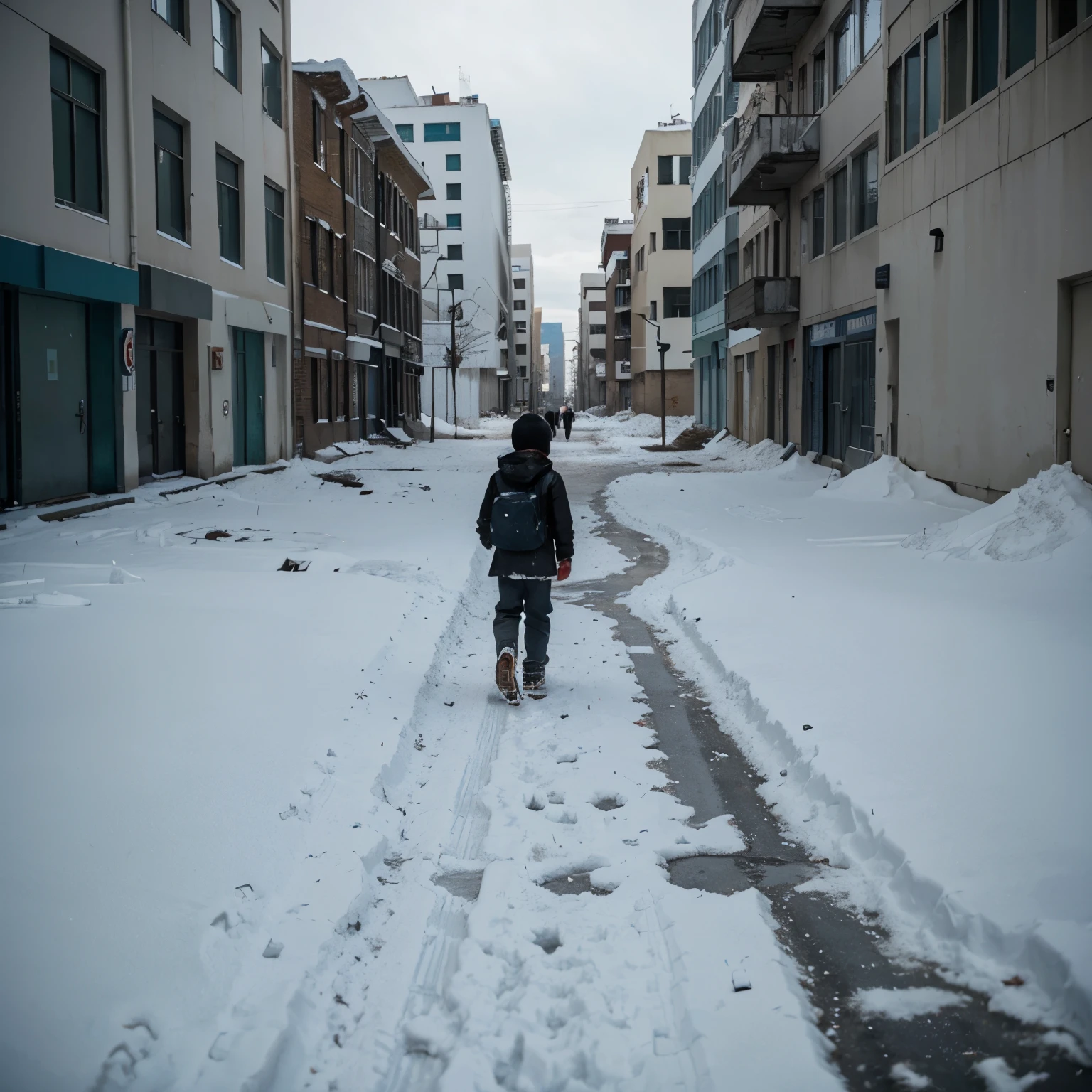 Boy walking alone in an abandoned city full of snow being depressed