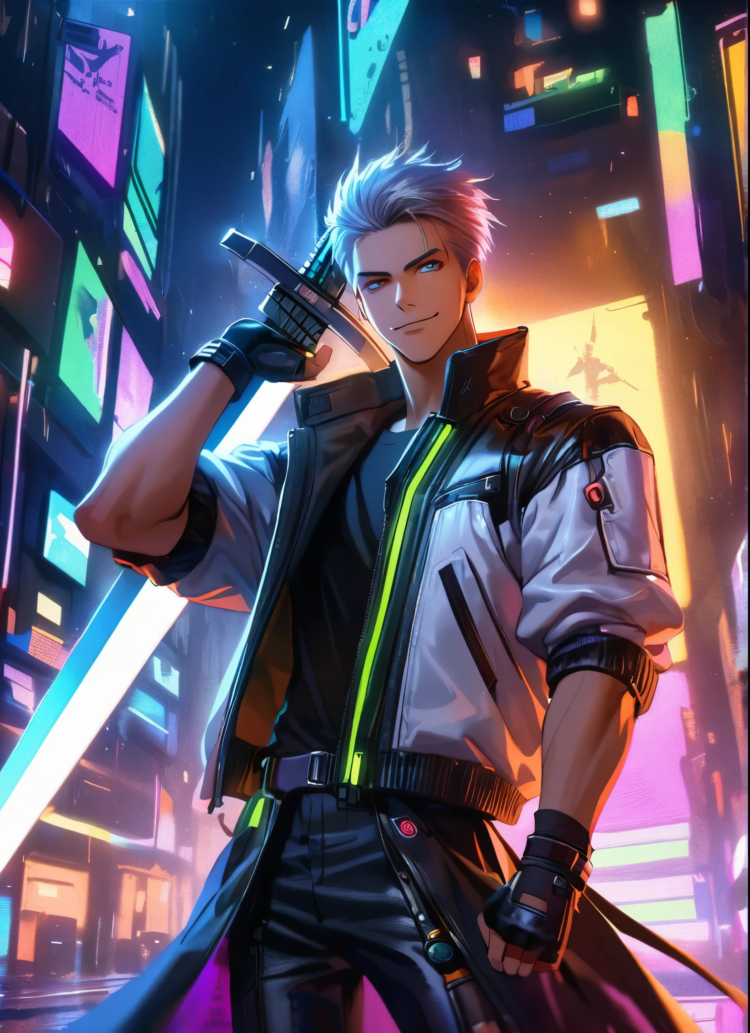 A man, holding down a giant Sword, wearing a leather white jacket and black t shirt, stand and confident pose, confidente smile, cyberpunk, night, fingerless gloves