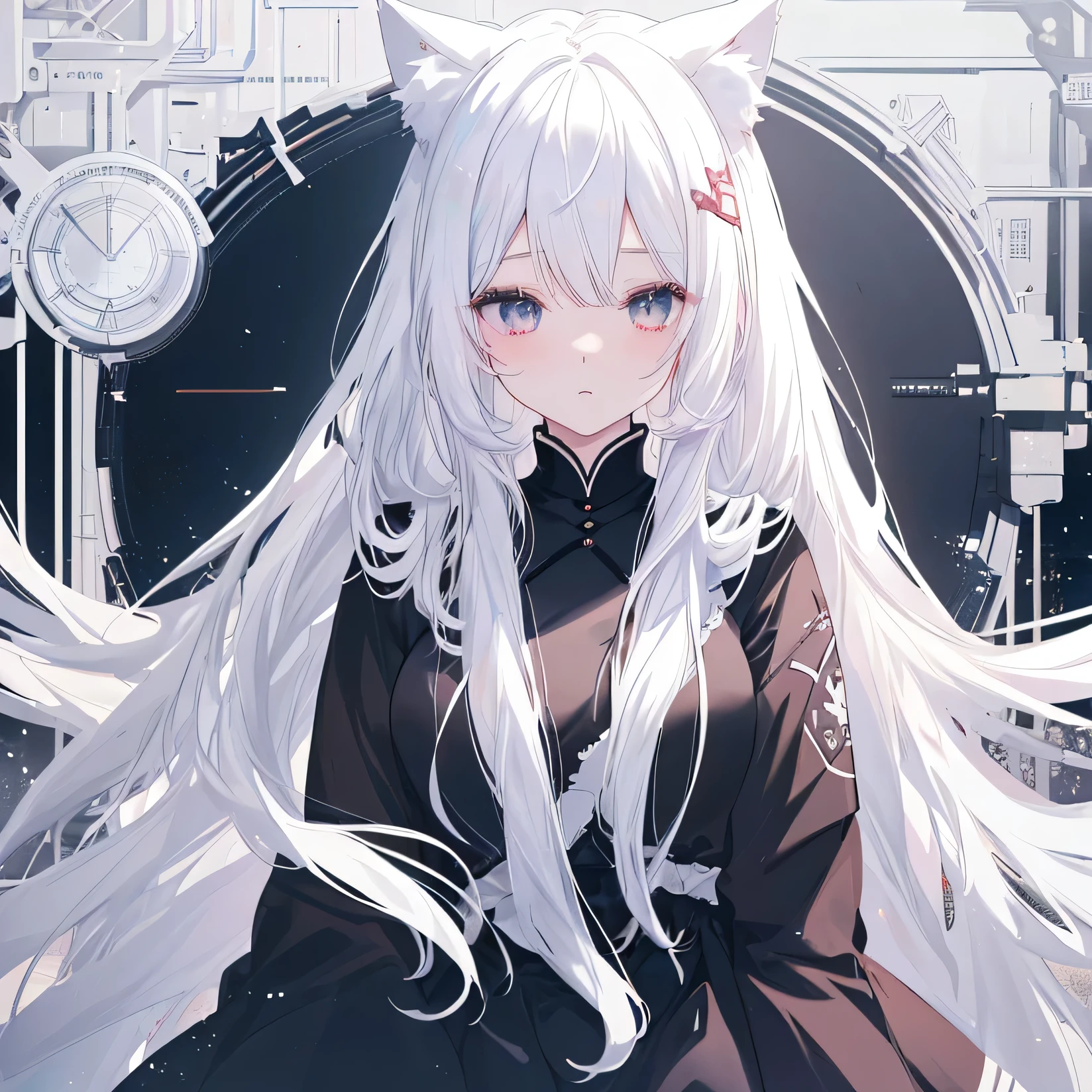 With long white hair and cat ears、Anime girl in black dress, white hair girl, perfect White hair girl, Portrait Anime Girl, Anime style 4k, White hair, Beautiful anime girl, Detailed digital anime art, Cute anime girl, anime art wallpaper 8 k,  Wear clothes, Cute anime girl in a beautiful skirt, Anime Art Wallpaper 4K