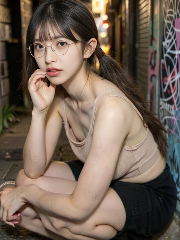 raw photo, 8k, (top-quality), Realistic, (real picture, Intricate details), (natural skin texture, detailed skin, hyper realism, sharpness), (glasses Japanese teenage girl squatting in a dirty back alley at night, graffitied wall:1.3), ((tank top, v-neck , munechira)), (pale skin:1.2, slender body), ((long straight hair, blunt bangs)), (glasses seductive face, provocative look, Parted lips:1.3, eye bag:1.2, red thick lips), graffiti:1.5, night time, spot lighting:1.3, upper body shot,puffy nipple, view from above