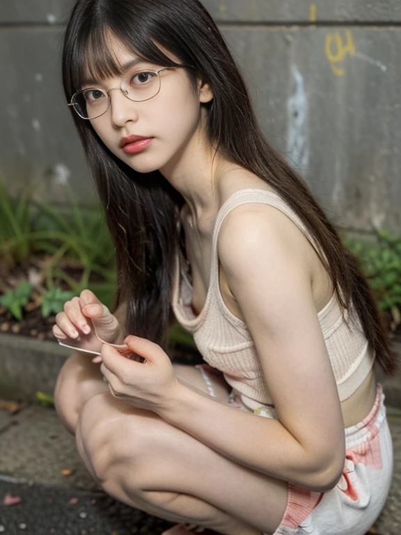 raw photo, 8k, (top-quality), Realistic, (real picture, Intricate details), (natural skin texture, detailed skin, hyper realism, sharpness), (glasses Japanese teenage girl squatting in a dirty back alley at night, graffitied wall:1.3), ((tank top, v-neck , munechira)), (pale skin:1.2, slender body), ((long straight hair, blunt bangs)), (glasses seductive face, provocative look, Parted lips:1.3, eye bag:1.2, red thick lips), graffiti:1.5, night time, spot lighting:1.3, upper body shot,puffy nipple, view from above