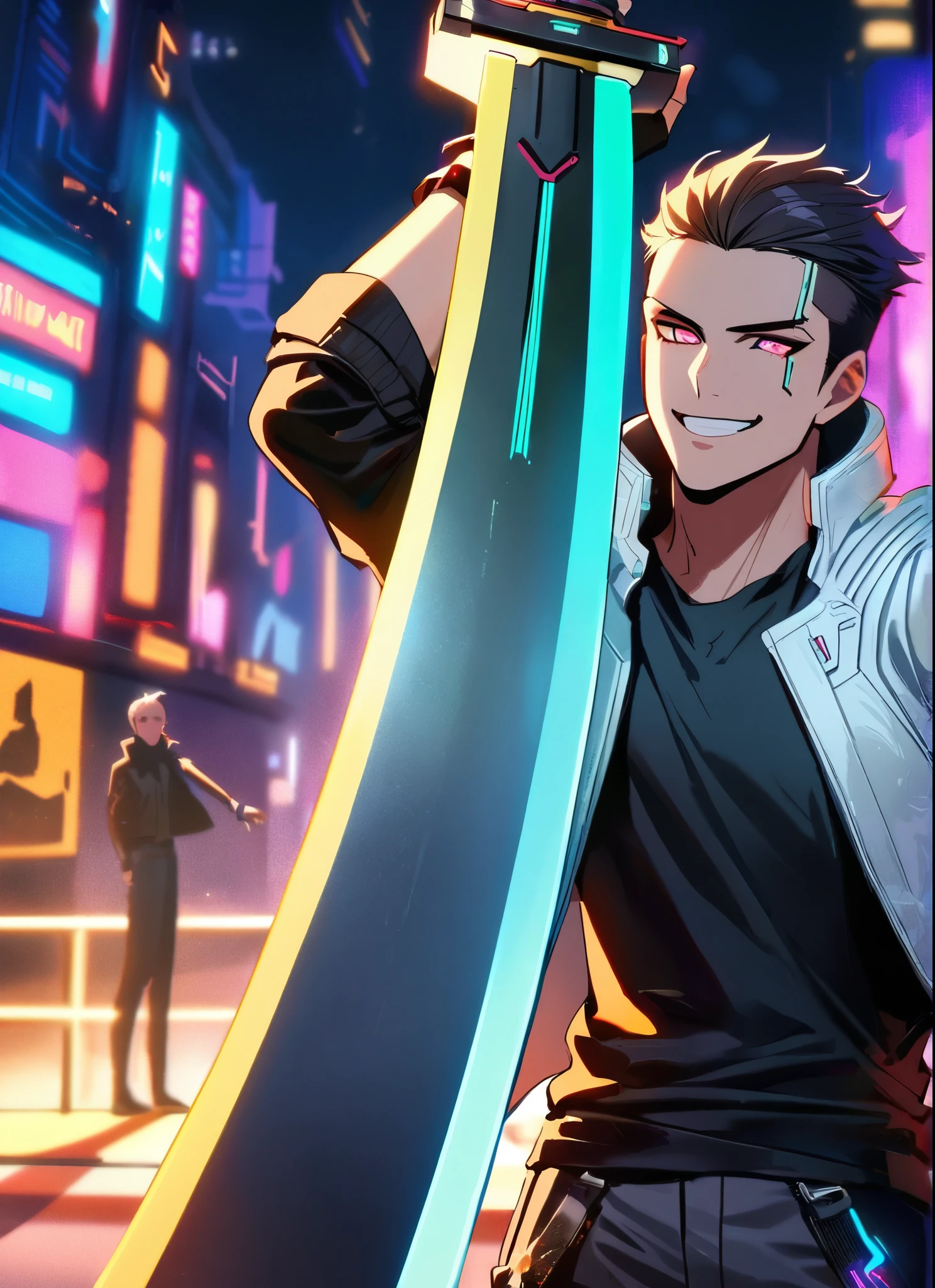 A man, holding down a giant Sword, wearing a leather white jacket and black t shirt, stand and confident pose, confidente smile, cyberpunk, night, fingerless gloves 