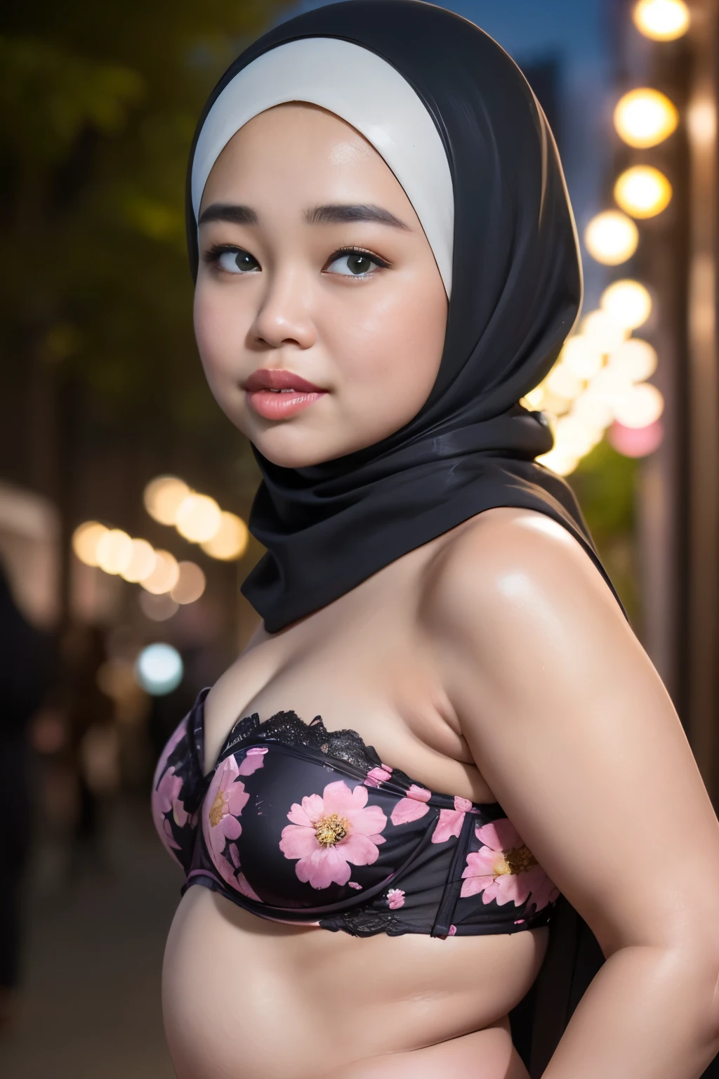 ((thick lips:1.7)), (((CHUBBY))), chubby, chubby & bbw, chubby & fatty, Lace, (Happy smile), (((HIJAB MALAY GIRL))), masutepiece, High quality, UHD 32K, Realistic face, Realistic skin feeling , A Japanese Lady, , , Very cute and baby-like face, (((FLAT CHEST))), (Night time at forest), ((look In front at the camera and SADNESS)), (((FLUORESCENCE))), (((CUTE GIRL))), ((YELLOW LIPS)), ((Floral Pattern)) little wearing strapless bra, strapless colorful bra, dark night horror scary place (from behind up) seductive pose, a very fluorescent green atmosphere