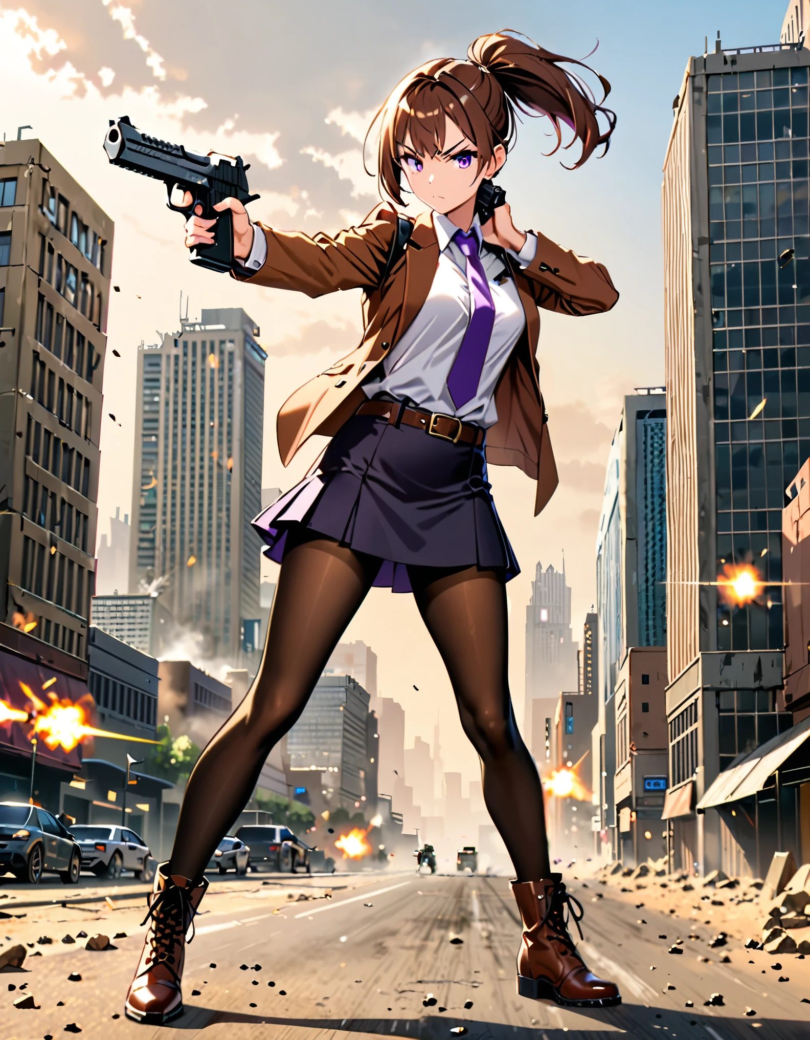 masterpiece, best quality, highres, 1girl, aiming and firing pistol, brown_hair, short hair, ponytail, finger_on_trigger, gun, large-caliber handgun, desert eagle, holding, holding_gun, holding_weapon, holster, open suit jacket, white shirt, miniskirt, (pantyhose), pencil_skirt, skirt, solo, trigger_discipline, weapon, purple eyes, dynamic action stance, grim expression, city backdrop, boots, full body character design, brown suit and tie, necktie, belt, cowboy shot, boots, ankle-high boots