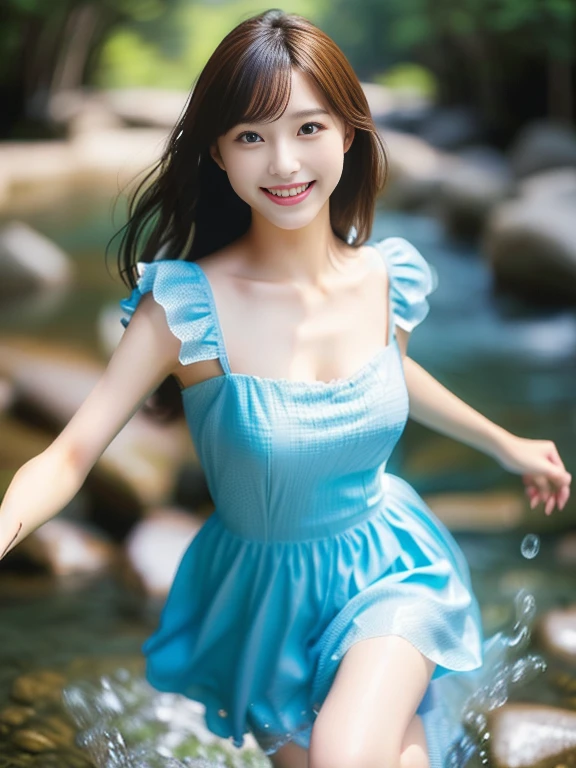 Photo-realistic quality、A woman in her fifties wearing a mini dress is running through a stream., Water is splashing from under my feet、Cute smile, Japanese Model, Beautiful Japanese girl face, Young and cute gravure idol, Cute young woman, Beautiful and smiling, cute beautiful, Realistic young gravure idol, An innocent smile, beautiful flowing feeling, Young Sensual Gravure Idol, Beautiful cute, A slightly cute smile, Smiling Kindly、looking at the camera