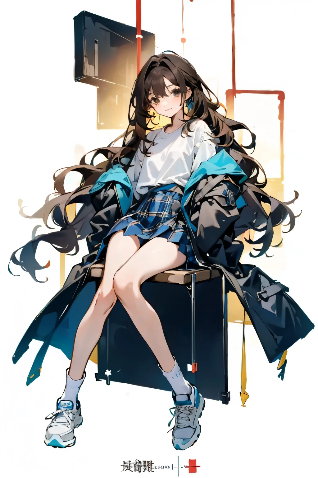 16 year old girl,Long brown hair,Blue shirt,sweater,Coat,Plaid skirt,Bare legs,White socks,Thin legs,thin,sit on the chair,Full body image