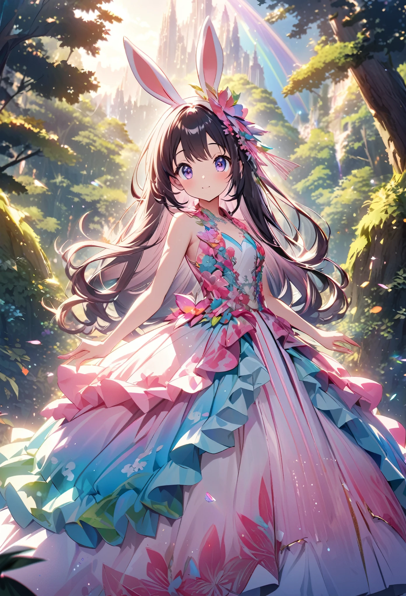 ``Japanese anime character, cute rabbit in pink color, beautiful adorable rabbit wearing an elegant and elaborate Hawaiian dress, the dress must have intricate designs and patterns to give it a luxurious and exclusive look. In the background, the image should depict the richness of the forest, with sunlight reflecting off the trees and illuminated mountains beyond. , emphasize the shimmering effect and rainbow throughout the image. Enhance your look and add special ruffles to your dress to stand out.”