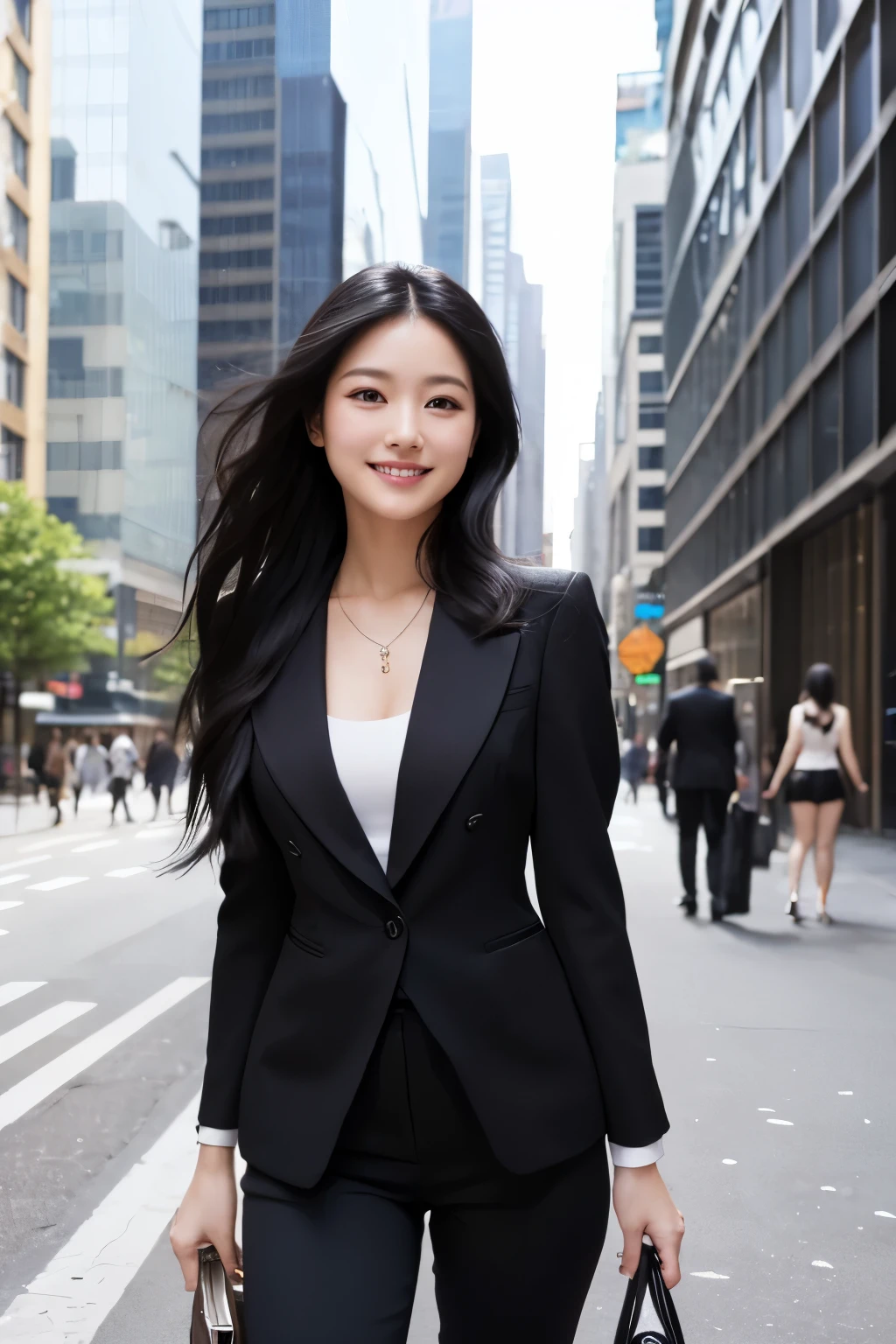 Long Black Hair、Early 20s、suit、Slender body、Bust: 1 cup、Hips about 90cm、Fair skin、High heels、Big crisp eyes、smile、In the middle of a city of buildings、Daytime、sunny day