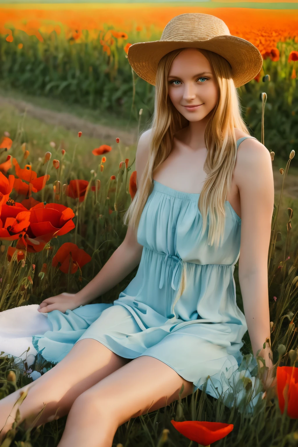 1 girl, lying on a towel, field of corn poppies, beautiful, porcelain complexion, delicate features, big green eyes, smile, tell, relaxed, blue summer dress, knees, long legs,look at the observer,