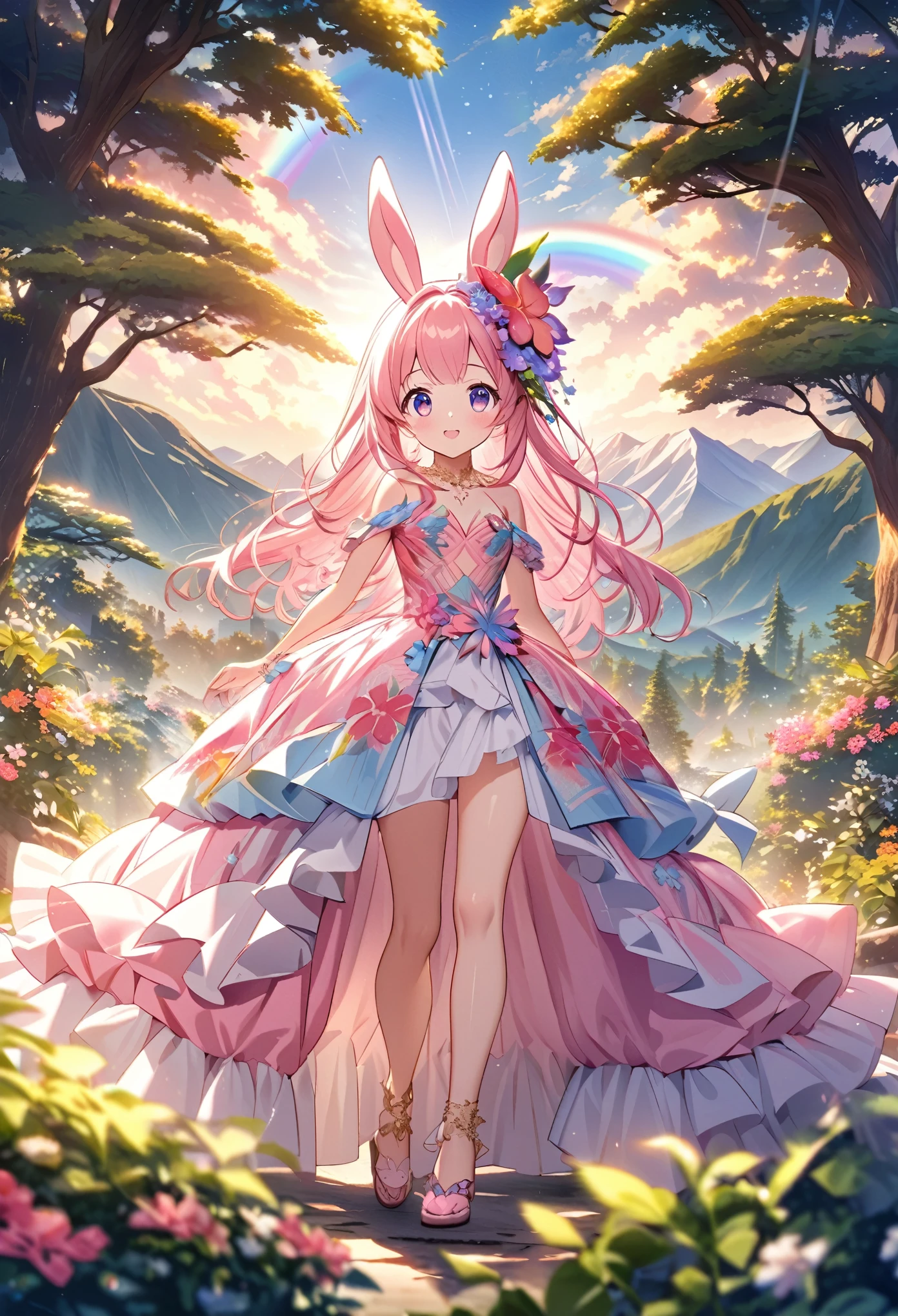 ``Japanese anime character, cute rabbit in pink color, beautiful adorable rabbit wearing an elegant and elaborate Hawaiian dress, the dress must have intricate designs and patterns to give it a luxurious and exclusive look. In the background, the image should depict the richness of the forest, with sunlight reflecting off the trees and illuminated mountains beyond. , emphasize the shimmering effect and rainbow throughout the image. Enhance your look and add special ruffles to your dress to stand out.”