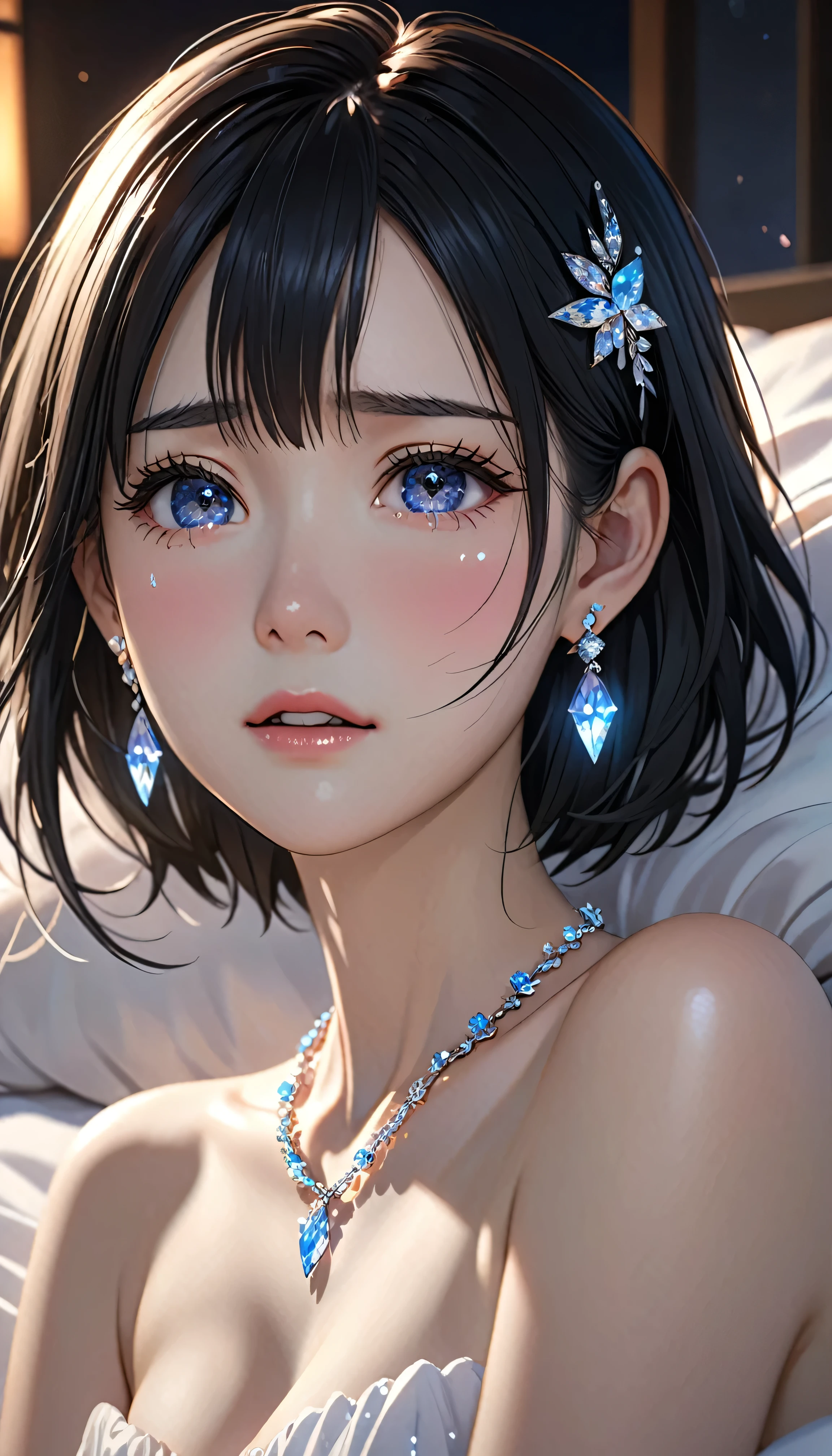 National Science Foundation,masterpiece,High resolution,8K,Art,digit,Three-dimensional,Realism,Kyoto Animation Style,your name movie style,looking into camera,Soft Light,Glowing skin,(1 female: 1.3),(alone: 1.4),(((black hair))),(????? upper body),(crystal hairpin),(small crystal necklace),(crystal small earrings),(crystal bracelet),(Crystal ring),Long eyelashes,Slender legs,Short Bob,Close-up of upper body,Close-up,close view,in the bedroom,Lying in bed,(Eyes as deep as the starry sky),(open mouth),(blush),(shy),(lovely and delicate),(Pitiful),(((cry))),(((Tears))),(((extremely sad))),(((despair)))