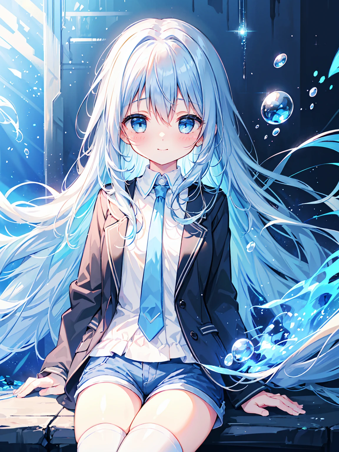 masterpiece, best quality, extremely detailed, (illustration, official art:1.1), 1 girl ,(((( light blue long hair)))), light blue hair, ,10 years old, long hair ((blush)) , cute face, big eyes, masterpiece, best quality,(((((a very delicate and beautiful girl))))),Amazing,beautiful detailed eyes,blunt bangs((((little delicate girl)))),tareme(true beautiful:1.2), sense of depth,dynamic angle,affectionate smile, (true beautiful:1.2),,(tiny 1girl model:1.2),(flat chest)), ((top-quality)), ((​masterpiece)), ((ultra-detailliert)), (Extremely delicate and beautiful), girl with, solo, cold attitude,((Black jacket)),She is very(relax)with the(Settled down)Looks,depth of fields,Evil smile,Bubble, under the water, Air bubble,Underwater world bright light blue eyes,inner color with bright gray hair and light blue tips,,,,,Cold background, Linear Art, shortpants、knee high socks、White uniform like 、Light blue ribbon ties、Clothes are sheer、Hands in pockets、Bright eyes like sapphire,Fronllesse Blue, A small blue light was floating、fantastic eyes
