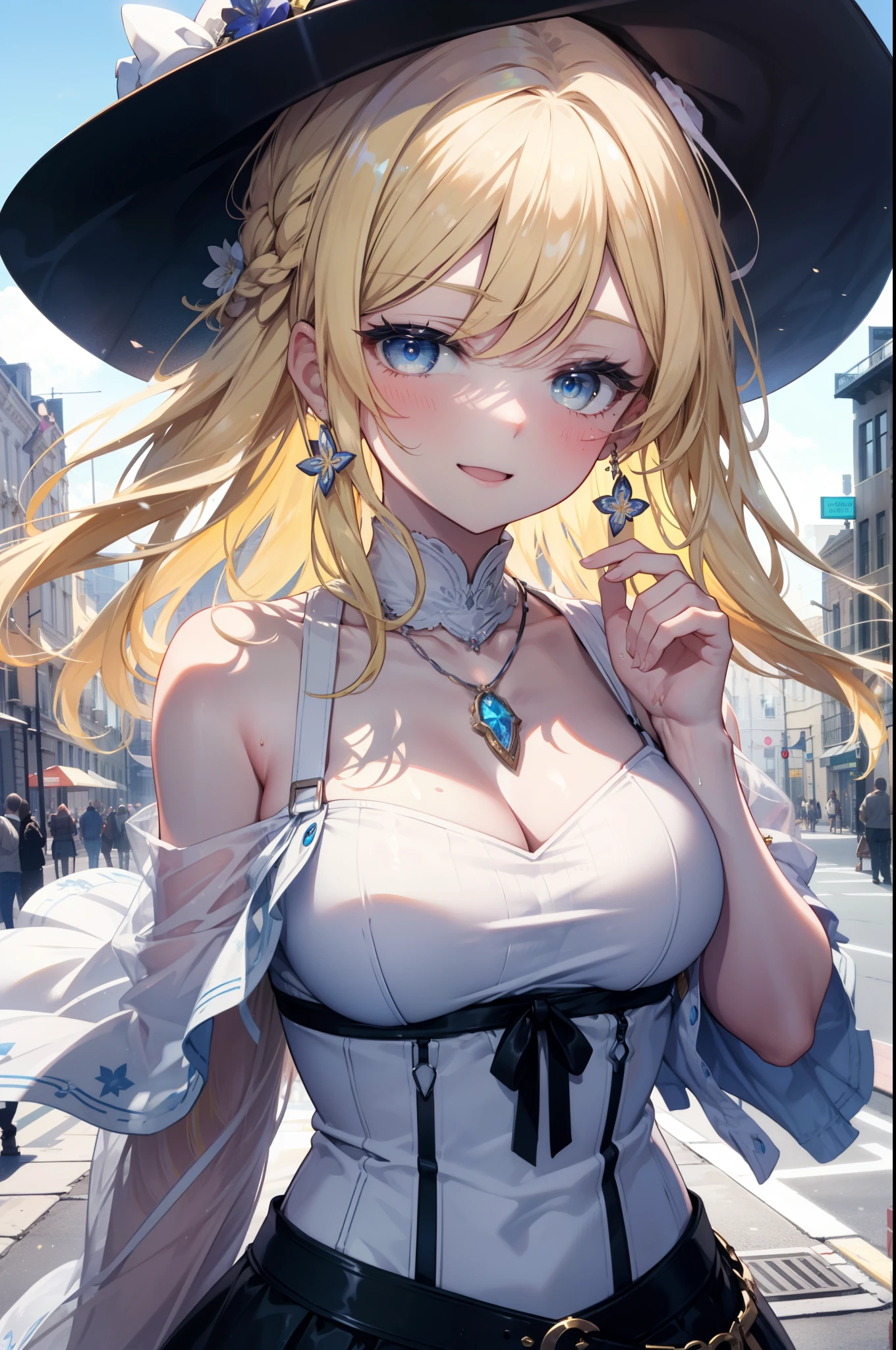 Barbara genshin impact, blonde hair, choker, (blue eyes:1.5), long hair,
BREAK bare shoulders, blue footwear, blush, blush stickers, cleavage, collarbone, duel monster, hat, off shoulder, pentacle, wizard hat, (white clothes:1.5),
BREAK looking at viewer,
BREAK outdoors, city,
BREAK (masterpiece:1.2), best quality, high resolution, unity 8k wallpaper, (illustration:0.8), (beautiful detailed eyes:1.6), extremely detailed face, perfect lighting, extremely detailed CG, (perfect hands, perfect anatomy),