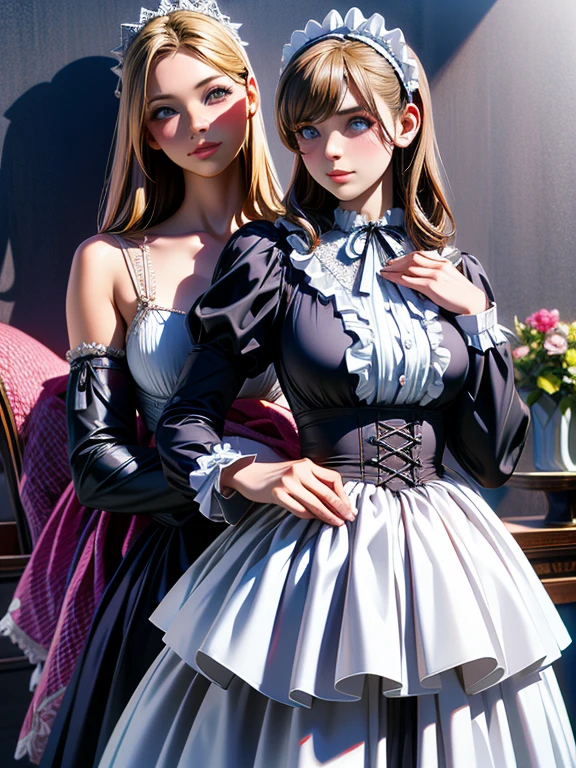 {{masterpiece、highest quality、(((Realistic、Realistic:1.37)))、8K quality}}, A woman dressed in Gothic ****ta costume is holding a music box、A scene from a tea party with gothic ****ta cosplayers、An elegant white dress with a black base and a hidden chest、Highly detailed frills、Roll up the bonnet vertically、Skirt inflated with panniers、Gothic ****ta Style、****ta girl in elegant black dress decorated with white frills、Skirt with vertical roll pannier, artwork in the style of Switzerland, Switzerland on pixiv artstation, Switzerland, Fantasy art style, Switzerland masterpiece, Beautiful and elegant queen, Beautiful character drawings, Detailed digital anime art, Blonde Gothic ****ta Cosplay Princess, Gray Hair, Sky blue eyes, Pink Lips