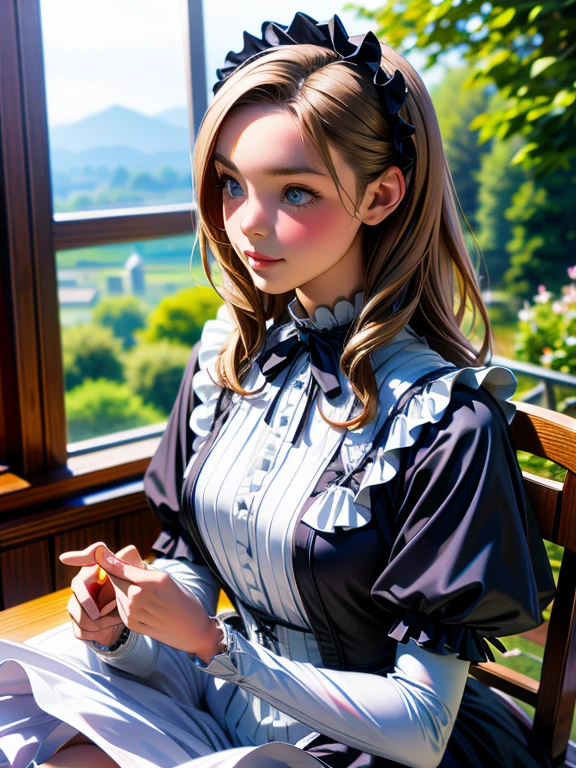 {{masterpiece、highest quality、(((Realistic、Realistic:1.37)))、8K quality}}, A woman dressed in Gothic ****ta costume is holding a music box、A scene from a tea party with gothic ****ta cosplayers、An elegant white dress with a black base and a hidden chest、Highly detailed frills、Roll up the bonnet vertically、Skirt inflated with panniers、Gothic ****ta Style、****ta girl in elegant black dress decorated with white frills、Skirt with vertical roll pannier, artwork in the style of Switzerland, Switzerland on pixiv artstation, Switzerland, Fantasy art style, Switzerland masterpiece, Beautiful and elegant queen, Beautiful character drawings, Detailed digital anime art, Blonde Gothic ****ta Cosplay Princess, Gray Hair, Sky blue eyes, Pink Lips