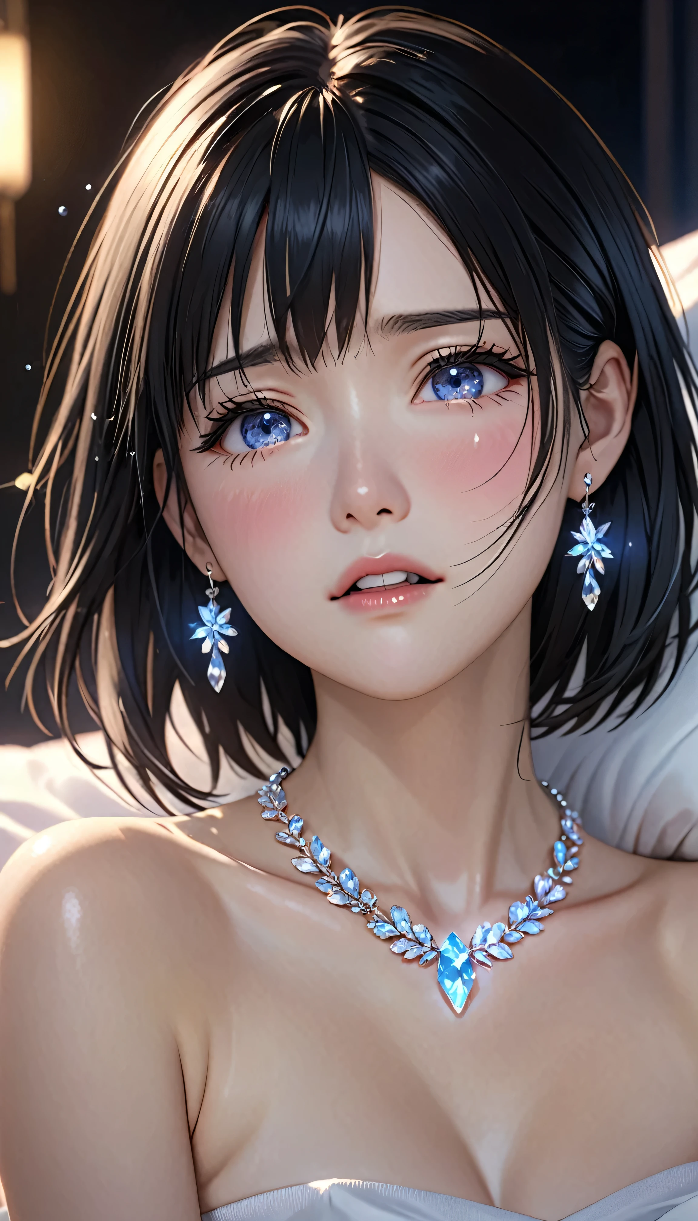 National Science Foundation,masterpiece,High resolution,8K,Art,digit,Three-dimensional,Realism,Kyoto Animation Style,your name movie style,looking into camera,Soft Light,Glowing skin,(1 female: 1.3),(alone: 1.4),(((black hair))),(Naked upper body),(crystal hairpin),(small crystal necklace),(crystal small earrings),(crystal bracelet),(Crystal ring),Long eyelashes,Slender legs,Short Bob,Close-up of upper body,Close-up,close view,in the bedroom,Lying in bed,(Eyes as deep as the starry sky),(open mouth),(blush),(shy),(lovely and delicate),(Pitiful),(((cry))),(((Tears))),(((extremely sad))),(((despair)))