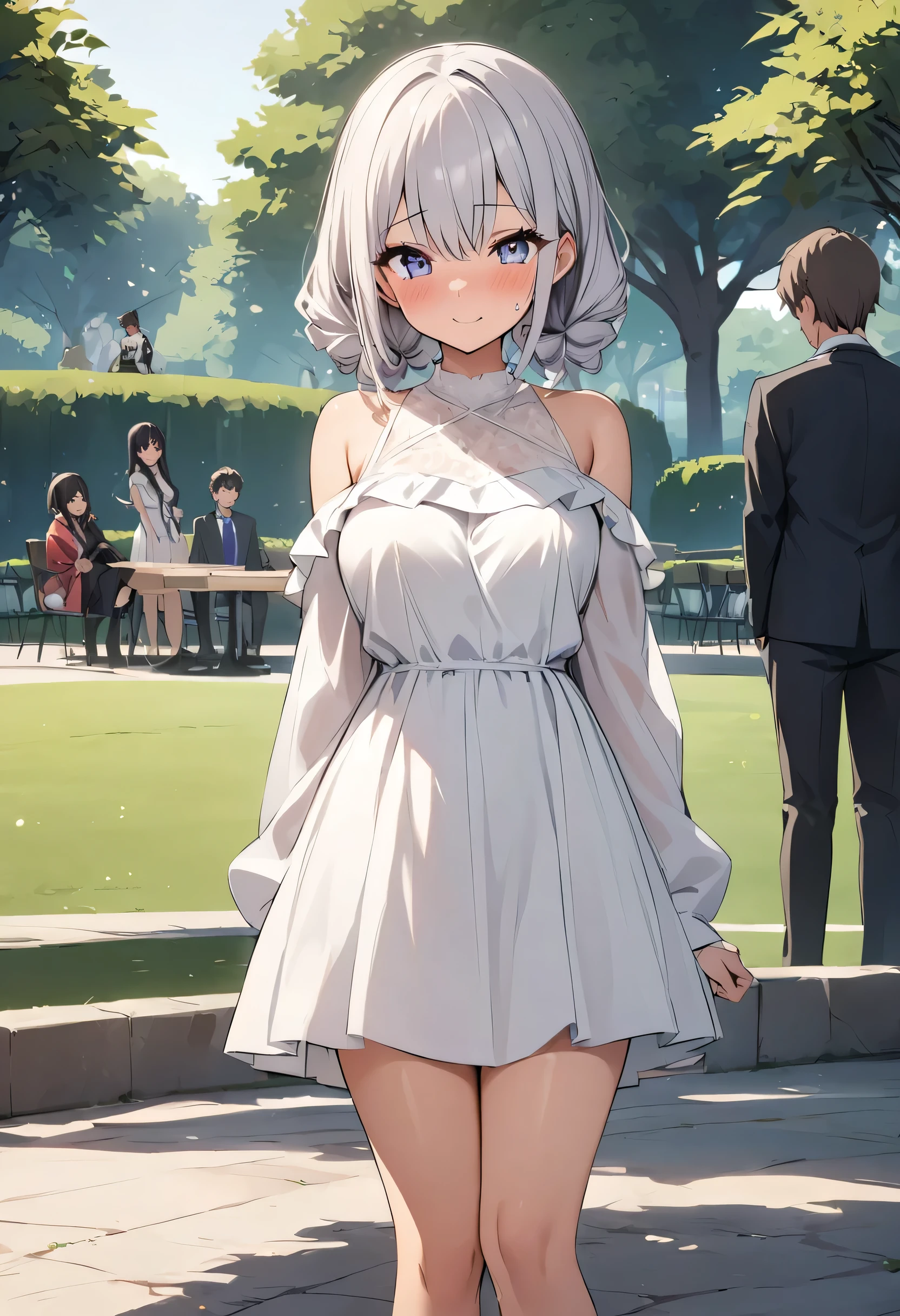 masterpiece、Mastepiece、22-year-old woman、Meeting up on a date、Beautiful eyes、Embarrassed、Random hairstyle、Perfect proportions、Wear a white dress、The background is a park