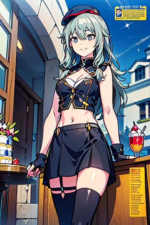 (from below:1.2),(from side:0.9), ((beautiful Face)), (Close-Up:0.6), ((looking at viewer, holding a icecream)),(Italian sweets magazine cover:1.4), highest quality、(real、photorealistic:1.5),(ultra high resolution,dark green hair,long hair,side ponytail,hair between eyes,bangs, (beret, black Military uniform, bulletproof jacket, open clothes, cleavage:1.4, midriff, black perfect medium skirt, black thighhighs, thigh strap, fingerless gloves, single glove:1.2), (double breasted,under bust:1.2), sitting at a table, cute, visual of a cute girl, cute girl, eating cakes, young girl, guweiz, high quality anime artstyle, anime girl, artwork in the style of guweiz, beautiful girl, pretty girl, official artwork,(with sparkling eyes and a contagious smile),her thin pubic hair, looking at viewer, pose muy sexy"