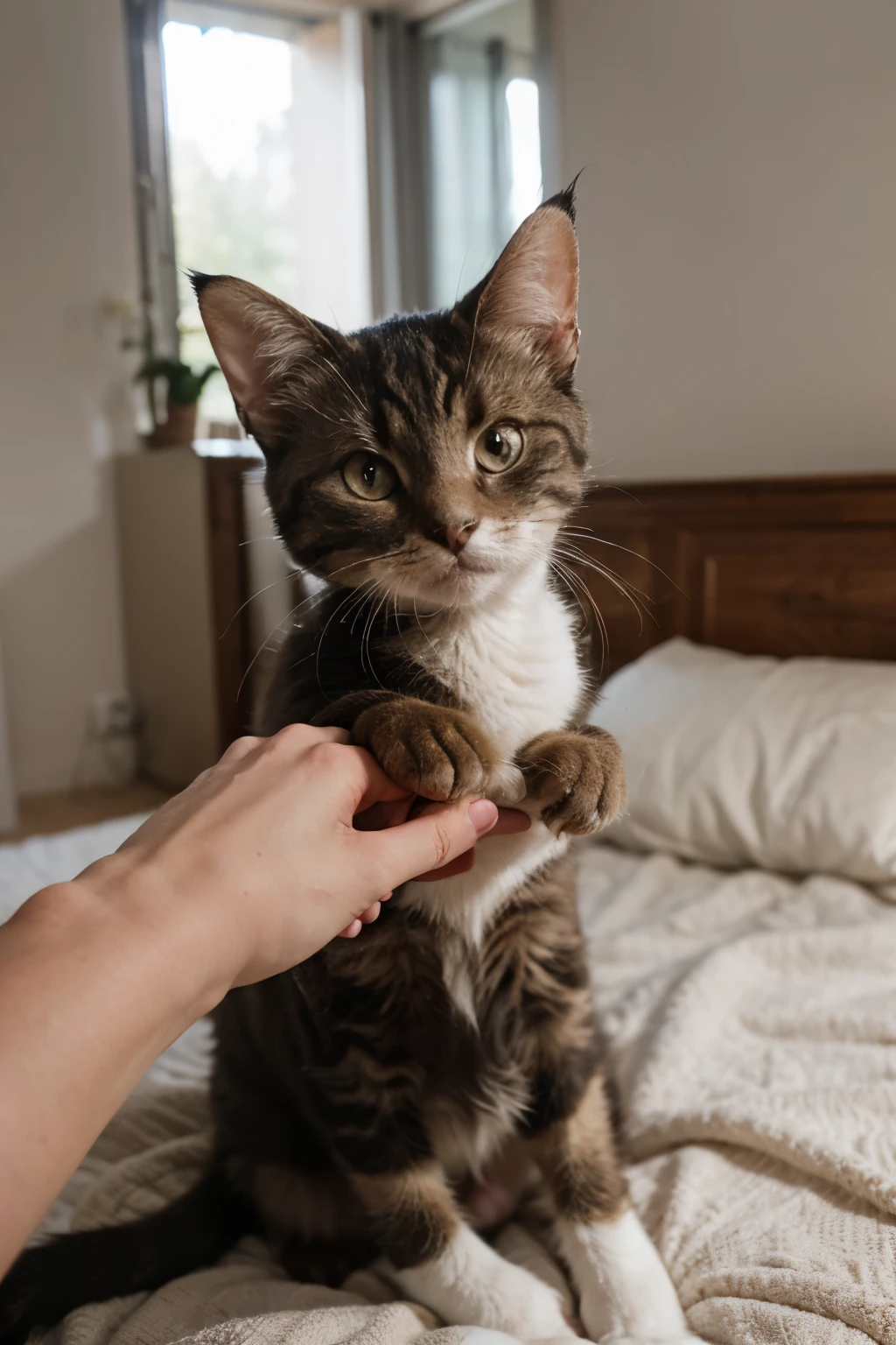 Curious cat reaching out to camera in a cozy home. Generative AI image
