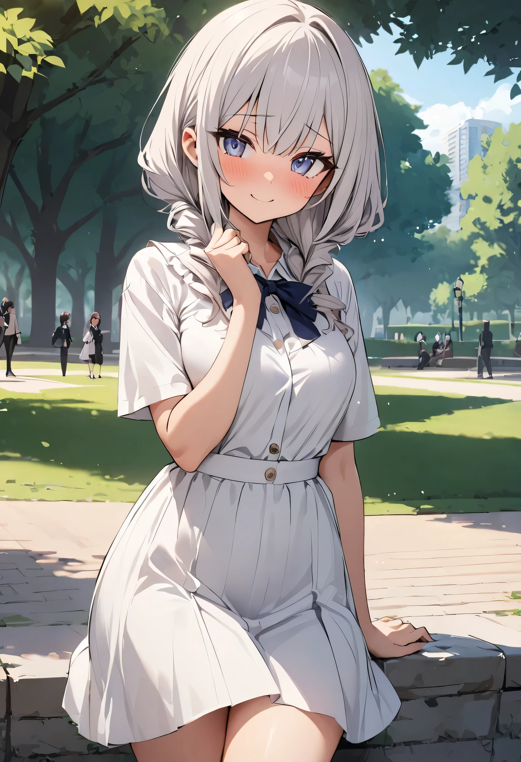 masterpiece、Mastepiece、22-year-old woman、Meeting up on a date、Beautiful eyes、Embarrassed、Random hairstyle、Perfect proportions、Wear a white dress、The background is a park