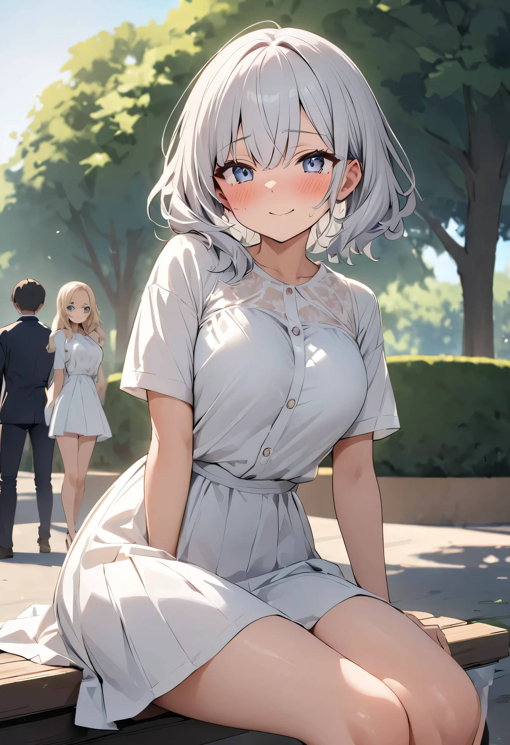 masterpiece、Mastepiece、22-year-old woman、Meeting up on a date、Beautiful eyes、Embarrassed、Random hairstyle、Perfect proportions、Wear a white dress、The background is a park