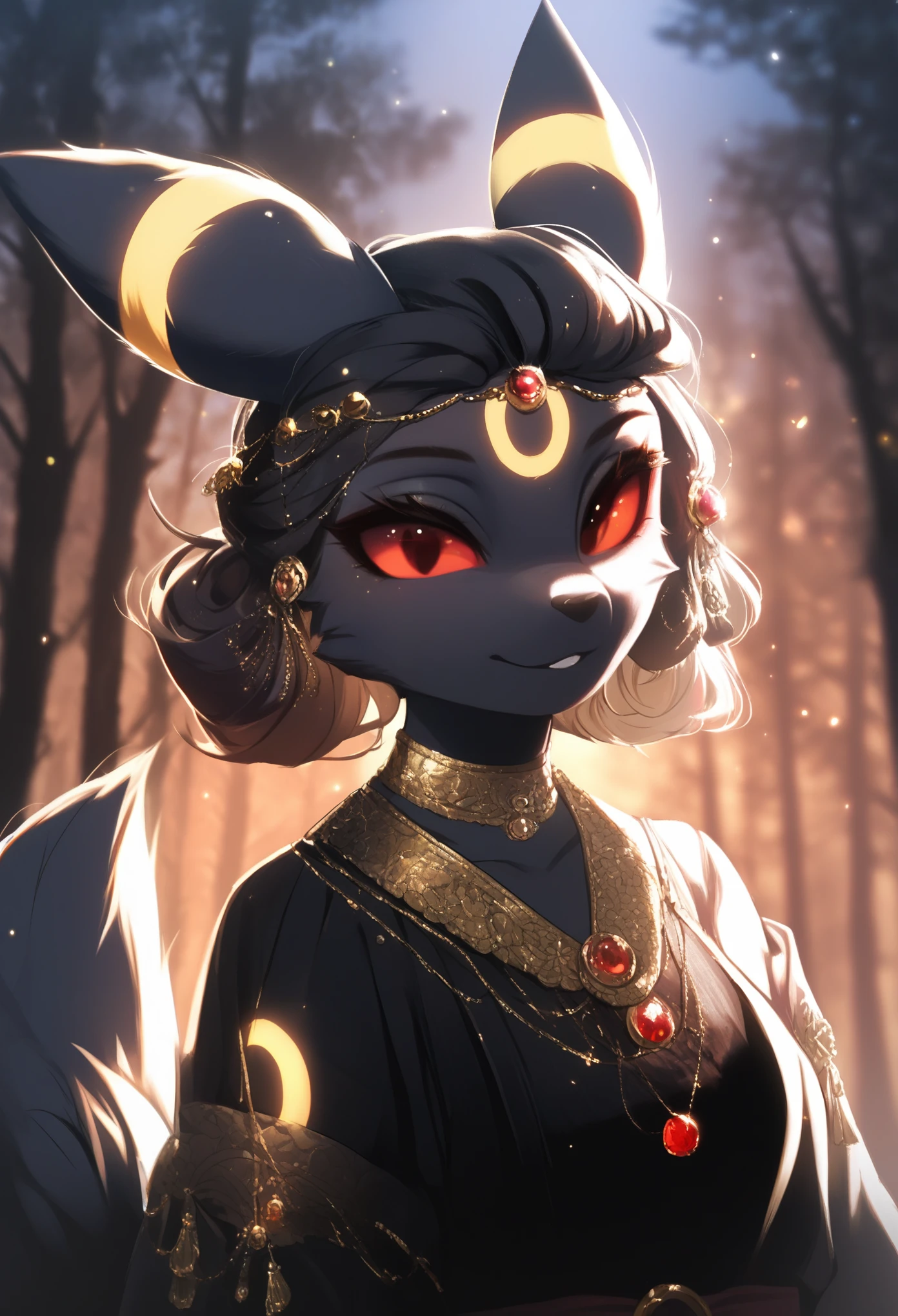 score_9, score_8_up, score_7_up, source_furry, rating_safe, by magnaluna,, 1girl,anthro, umbreon, black body fur, gold markings, pokemon, red eyes, fluffy fur, at night, moonlight, forest, detailed background, best quality, clothing, 1 tail