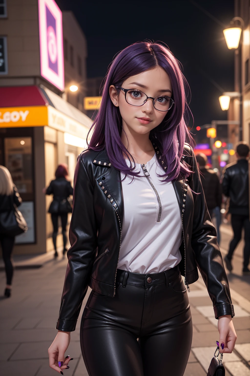 Beautiful realistic 14 year old girl with red lipstick, rosy cheeks, big Blue eyes, lined up horizontally near the nose, thin eyebrows, long straight purple hair, with nails, painted black, in a black leather jacket with a closed zipper,with studded strap,black trousers, standing,with a shy smile, clear glasses, captured in full view,  at 100k resolution with 18mm lens and aperture/1.8 diaphragms, with blurred background of an urban city at night with illuminated buildings