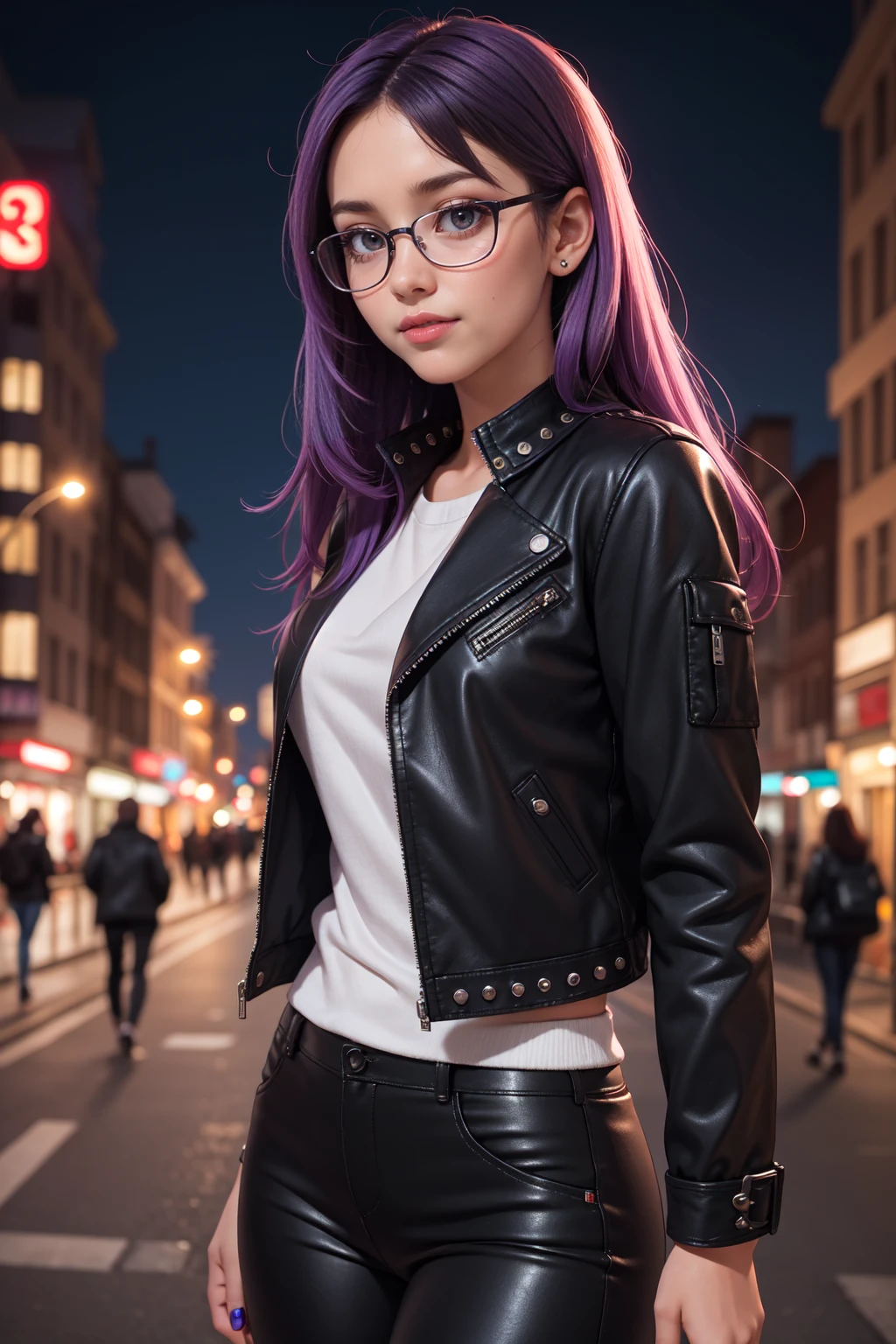 Beautiful realistic 14 year old girl with red lipstick, rosy cheeks, big Blue eyes, lined up horizontally near the nose, thin eyebrows, long straight purple hair, with nails, painted black, in a black leather jacket with a closed zipper,with studded strap,black trousers, standing,with a shy smile, clear glasses, captured in full view, at 100k resolution with 18mm lens and aperture/1.8 diaphragms, with blurred background of an urban city at night with illuminated buildings