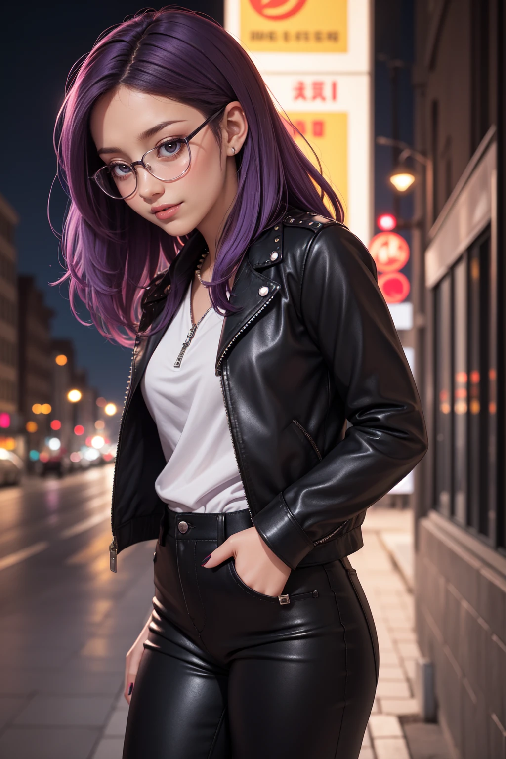 Beautiful realistic  girl with red lipstick, rosy cheeks, big Blue eyes, lined up horizontally near the nose, thin eyebrows, long straight purple hair, with nails, painted black, in a black leather jacket with a closed zipper,with studded strap,black trousers, standing,with a shy smile, clear glasses, captured in full view,  at 100k resolution with 18mm lens and aperture/1.8 diaphragms, with blurred background of an urban city at night with illuminated buildings