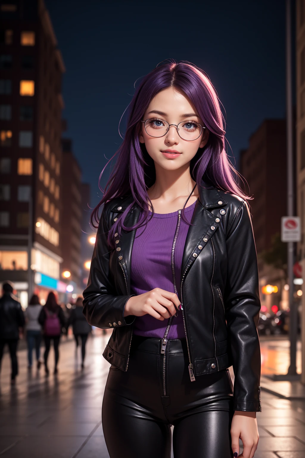 Beautiful realistic 14 year old girl with red lipstick, rosy cheeks, big Blue eyes, lined up horizontally near the nose, thin eyebrows, long straight purple hair, with nails, painted black, in a black leather jacket with a closed zipper,with studded strap,black trousers, standing,with a shy smile, clear glasses, captured in full view, at 100k resolution with 18mm lens and aperture/1.8 diaphragms, with blurred background of an urban city at night with illuminated buildings