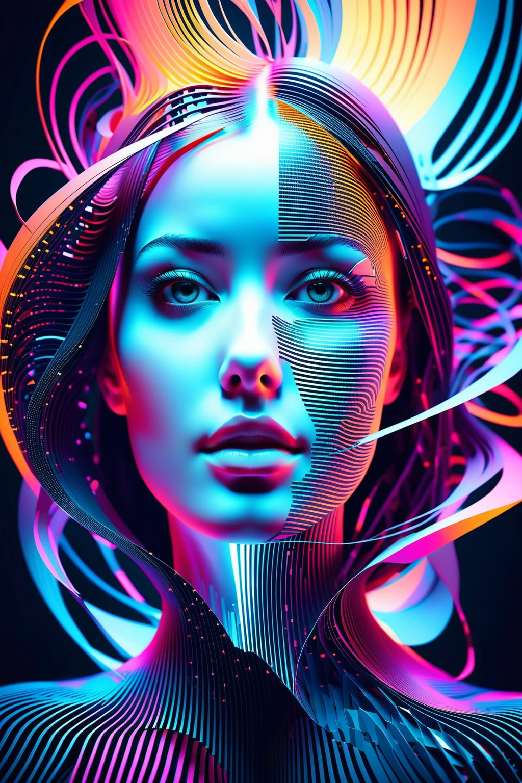 Paper Art Cut Portraits, Beautiful supermodel made with cybernetic digital binary barcode data in synesthesia style, Vector dot futuristic, Fractal Art, The wave rises in a perfect spiral, luminogram jewel - metallic tone gradient, Charged glowing circuit wave, Cinema 4D, Octane Rendering, Very detailed, Algorithmic Symmetry, Movie Lighting, Surreal, 8k, Unreal Engine, Extremely detailed, Ultra HD