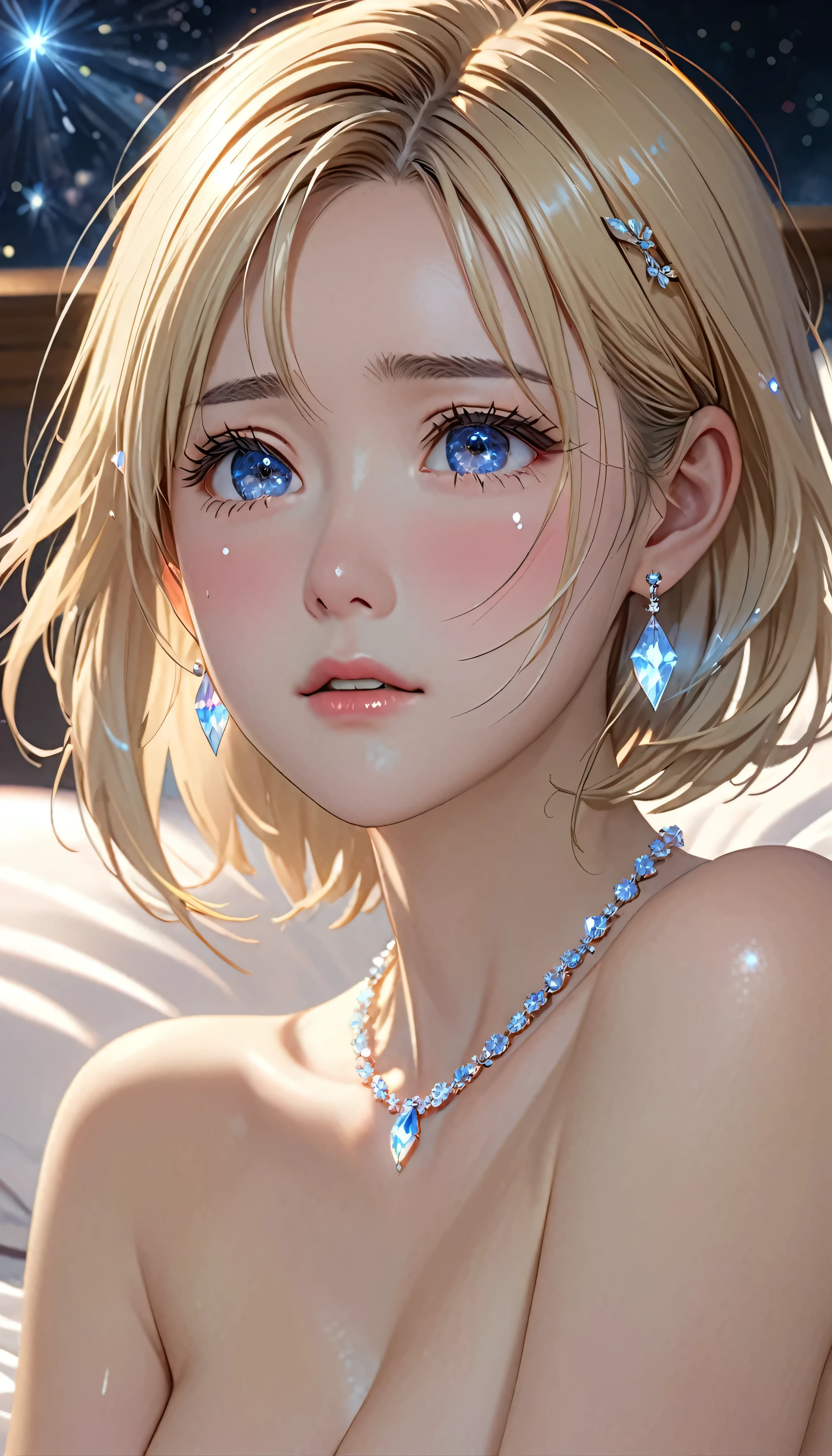 National Science Foundation,masterpiece,High resolution,8K,Art,digit,Three-dimensional,Realism,Kyoto Animation Style,your name movie style,looking into camera,Soft Light,Glowing skin,(1 female: 1.3),(alone: 1.4),(((blonde))),((Naked upper body)),(crystal hairpin),(small crystal necklace),(crystal small earrings),(crystal bracelet),(Crystal ring),Long eyelashes,Slender legs,Short Bob,Close-up of upper body,Close-up,close view,in the bedroom,Lying in bed,(Eyes as deep as the starry sky),(Shut up),(blush),(shy),(lovely and delicate),(Pitiful),(((cry))),(((Tears))),(((extremely sad))),(((despair)))