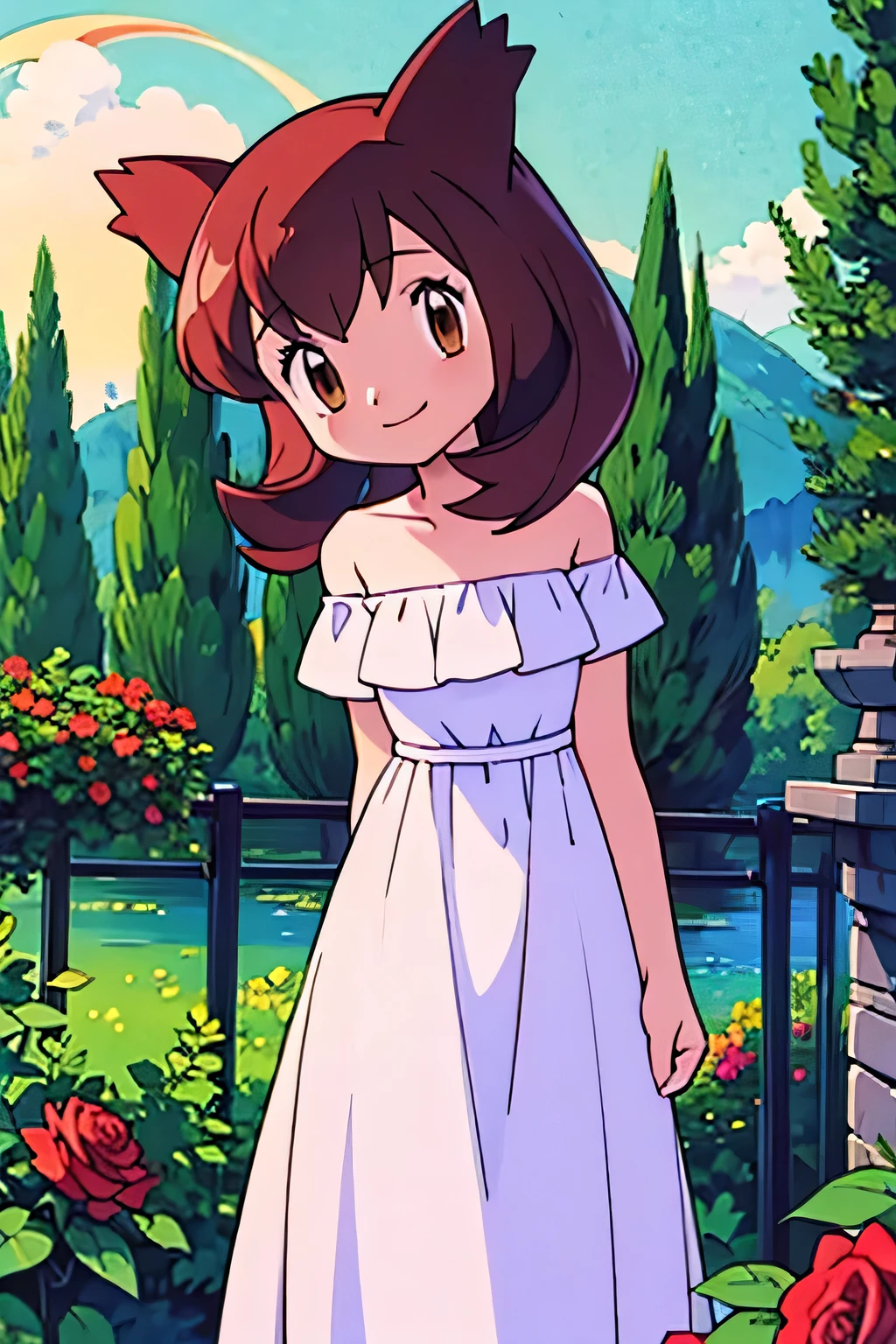 masterpiece, best quality, 1 girl, solo, Pokemon Heroes (Bianca), Brown Hair, brown eyes, bare shoulders, strapless, off shoulders, white ruffle off the shoulder maxi dress, intricate details, sharp focus, high resolution, the background of beautiful garden with rose bushes, on a beautiful night, crescent moon, smile, standing near a lake, arms behind back, anime style, hdr, far at the bottom, in the center,