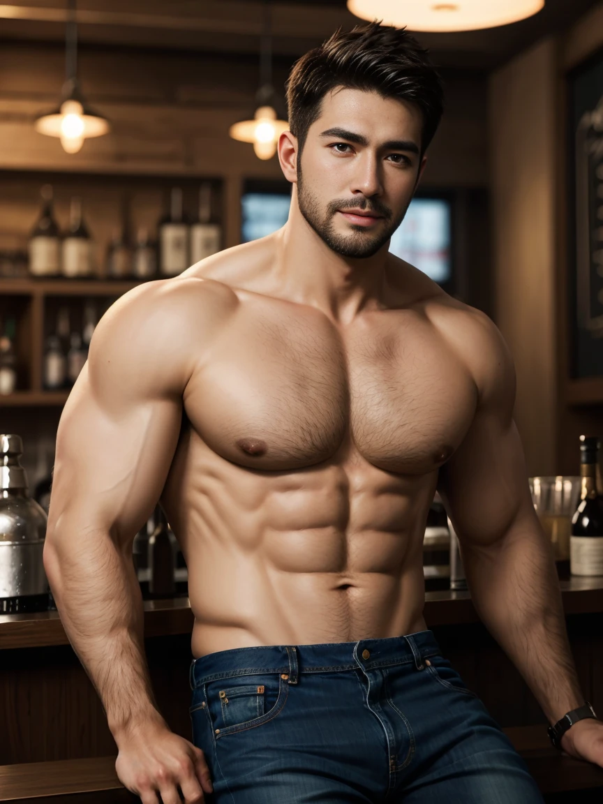 Ultra wide angle，masterpiece, best quality, high resolution, Close-up portrait, male focus, focus alone, muscular, Burly, hairy, male, A handsome man,Sexy and charming expression， Perfect face, blush, scruffy beard, short hair, Exposed chest,Swelling of chest muscles， jeans, At the bar, neon, Front view, whole body, amazing composition, Front view, HDR, Volumetric Lighting, Ultra-high quality, elegant, Very detailed