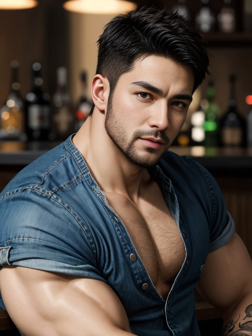 Ultra wide angle，masterpiece, best quality, high resolution, Close-up portrait, male focus, focus alone, muscular, Burly, hairy, male, A handsome man,Sexy and charming expression， Perfect face, blush, scruffy beard, short hair, Exposed chest,Swelling of chest muscles， jeans, At the bar, neon, Front view, whole body, amazing composition, Front view, HDR, Volumetric Lighting, Ultra-high quality, elegant, Very detailed