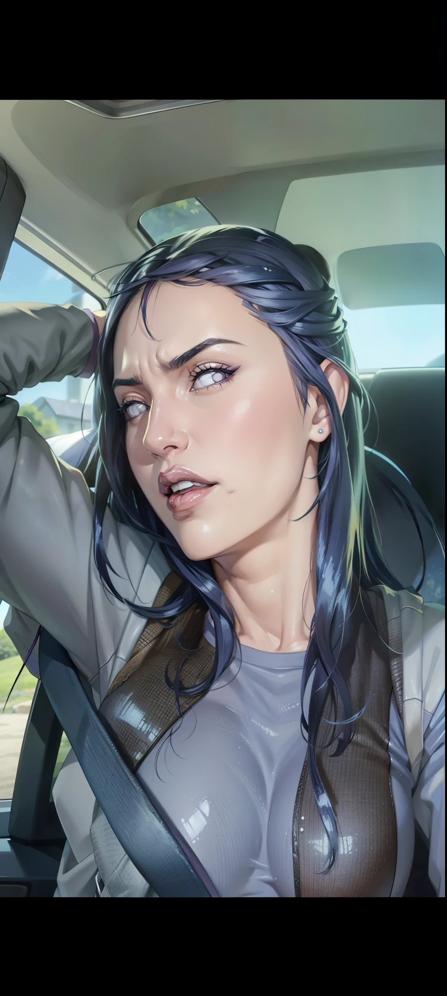 Hinata Hyuga, extremamente realista, muito linda, em um carro, cabelo liso