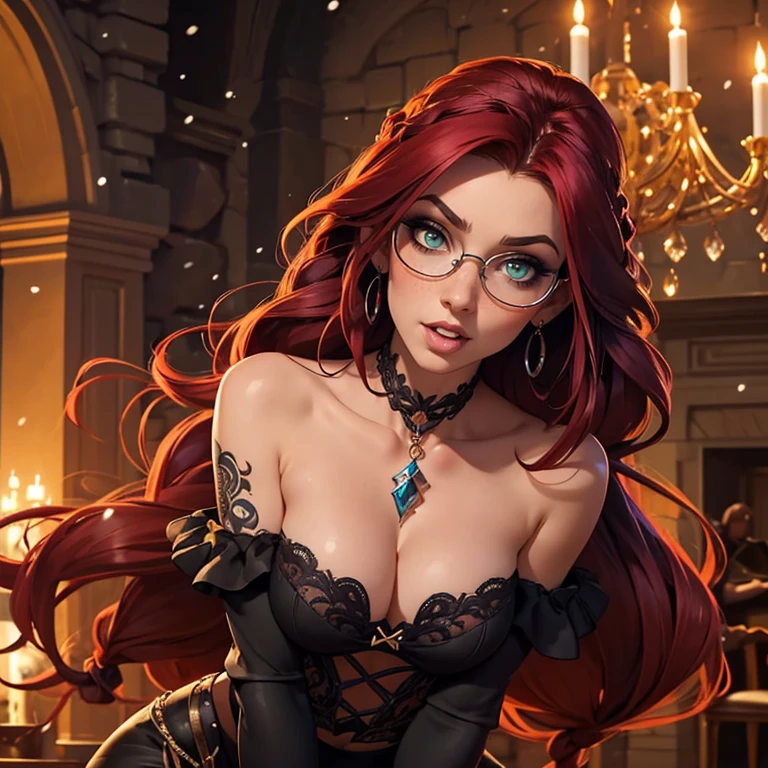 (huge Laughing:0.5), (open mouth:0.4), (wide open eyes:1.2) masterpiece,high quality,4k , goth emo punk scene witch, dramatic makeup of an evil queen, thin round glasses, freckles, absolute babe, long unkempt wavy messy voluminous red hair flowing down her body, one large messy braid, bare shoulder,, many Viking Tattoos on body and arms , slim;, beautiful shoulders and collarbone, jaw structure of someone who works out, wearing wide neck off-shoulder wool knit sweater-dress with bare shoulders, green eyes, in a fancy ballroom of a fantasy castle, fantasy setting, busy ballroom party in a fantasy story, other party goers dancing and partying, night time on a snowy day, golden hour, ((extremely detailed face, mature intelligent gorgeous face)), stockings, wide hips , expression of absolute love and adoration, a lot of jewelry, pretty eye makeup, gorgeous lips , a Viking princess, regal personality, oil painting style, big beautiful eyes looking intelligent looking at camera,