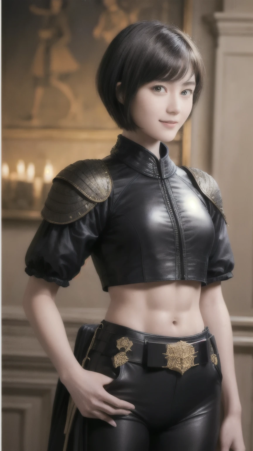 222 Short Hair, 20-year-old woman, A kind smile, (Luxurious stables), (Rembrandt-style painting), (machinery suit, Clothes that show abs、Clothes with short sleeves)