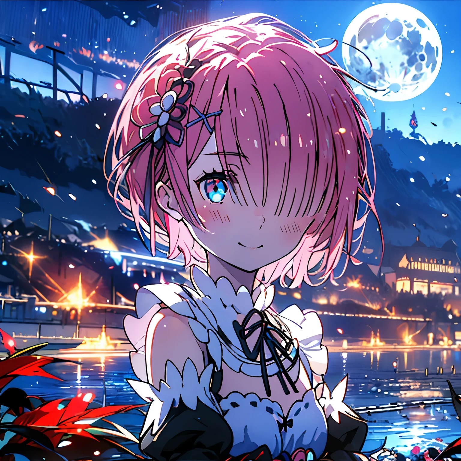 Masterpiece、Re:Zero、Ram、smile、Ocean、night、full moon、Upper Body