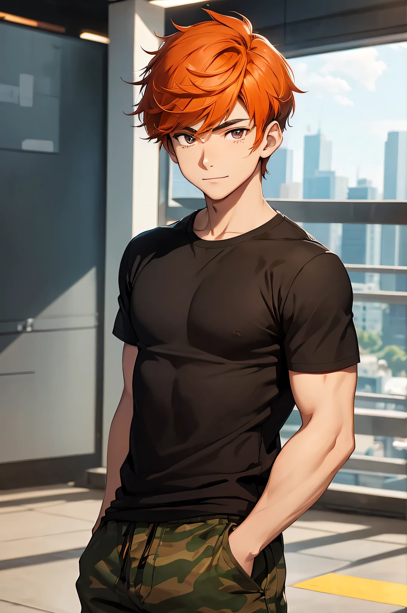 A young male teen (14 years old) with orange hair (military haircut) and brown eyes looking to the screen with a carefree smile, (handsome) Solo, 1 teen, male, a pokemon trainer, he is a young man of average height who appears to have a slim build, but in reality has a muscular physique. He wears a simple black t-shirt and camouflage pattern pants and brown boots. City background, black red and white outfit colour scheme.
