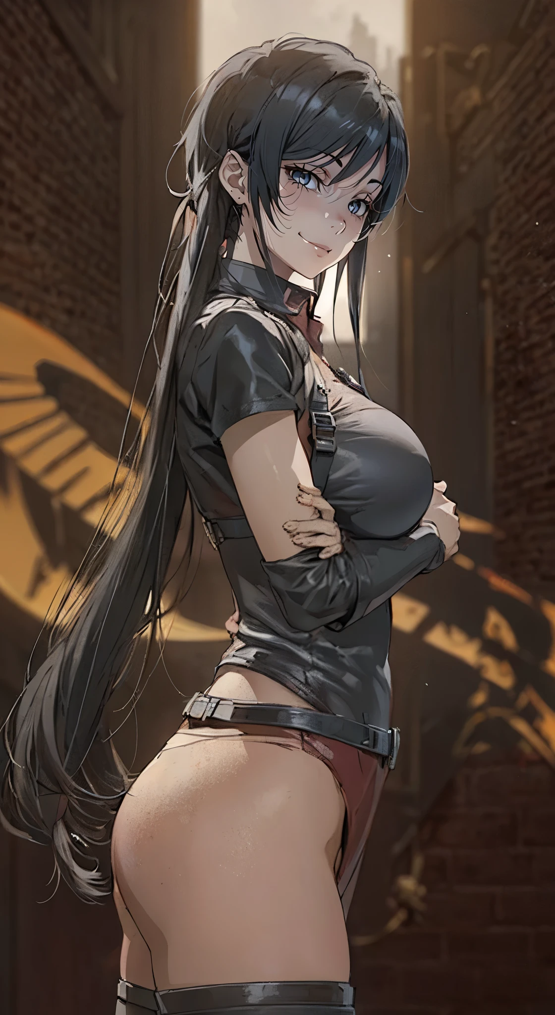 yukinoshita yukino, (long hair, black hair:1.6), grey eyes, anatomically correct, heavy breathing, huge breasts, breast press, model at middle positions ,1 rapariga, solo, Ada Wong in Resident Evil 4 Remake, Red cheongsam, Short-sleeved shirt, Nero, upper limbs, hindquarters, Black heels, Adriana's face, Find your audience, sly smile, A pistol was hung on her waist, best qualtiy, hight resolution:1.2, 18th century village in the background, Shadowing, Nightmare, rays of moonlight, Upper body photography, Low camera angle、depth of fields、center focused, (shaded face:1.2), hollow eyes, grey eyes, looking at viewer, heavy breathing, smirk, upper teeth