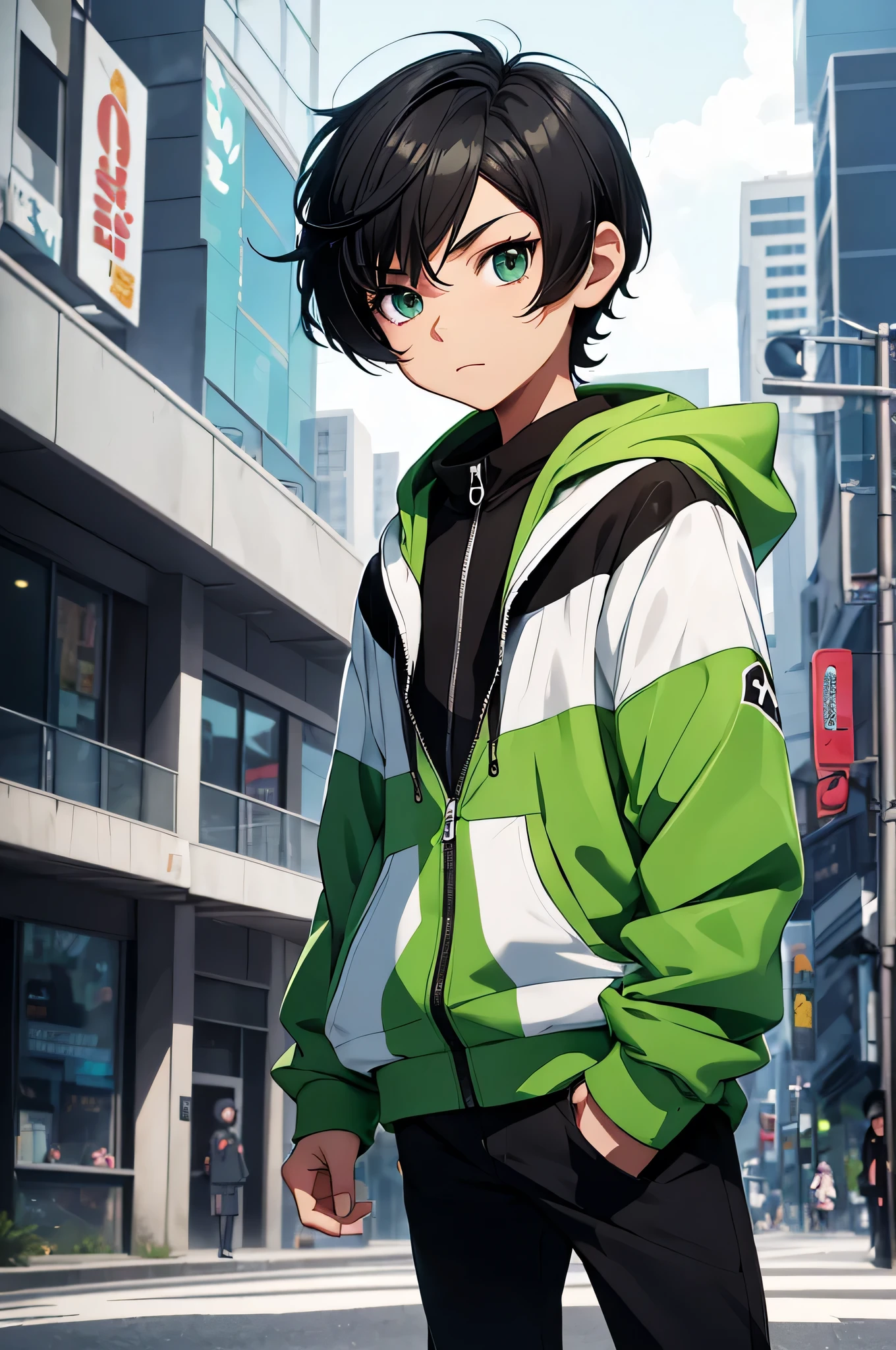 Pokemon art style. A young ??? (10 years old) teen with jet black hair (((SHORT HAIR))) and green eyes looking to the screen with a carefree expression, solo, 1 kid, pokemon trainer wore a light-colored hooded jacket, high-cuffed black pants, and white shoes, fade haircut, city background, black red and white outfit colour scheme.
