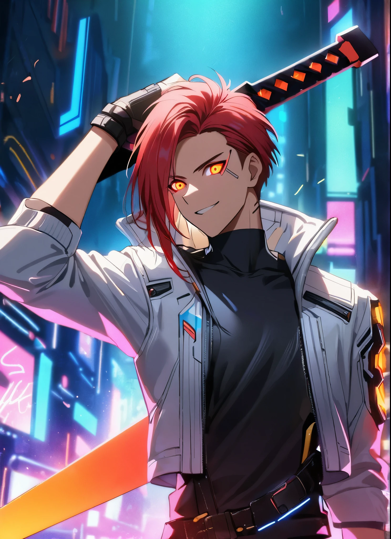 A man, with a giant Sword on the back, a giant neon black sword , wearing a leather white jacket and black t shirt, stand and confident pose, confidente smile, cyberpunk, night, fingerless gloves , red hair, neon eyes