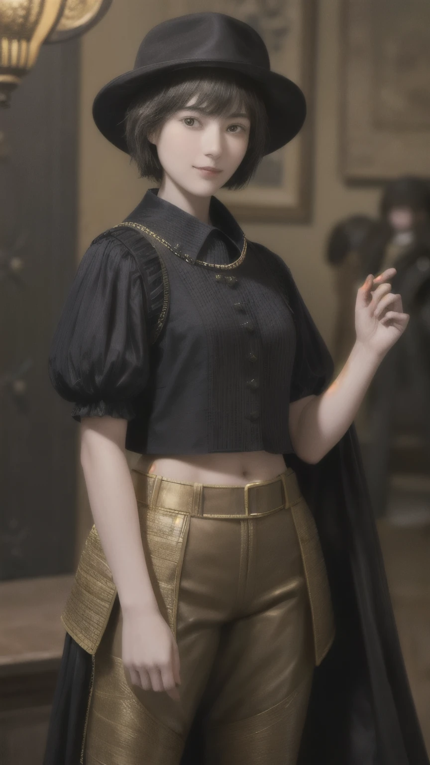 222 Short Hair, 20-year-old woman, A kind smile, (Luxurious stables), (Rembrandt-style painting), (machinery suit, Clothes that show abs、Clothes with short sleeves)