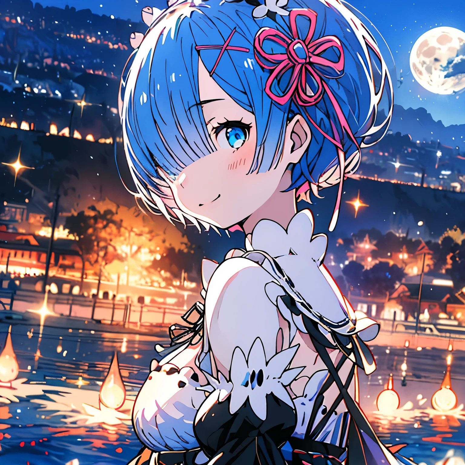 Masterpiece、Re:Zero、Rem、smile、Ocean、night、full moon、Upper Body