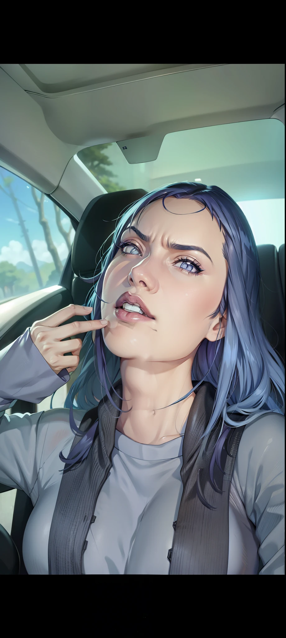 Hinata Hyuga, extremamente realista, muito linda, em um carro, cabelo liso