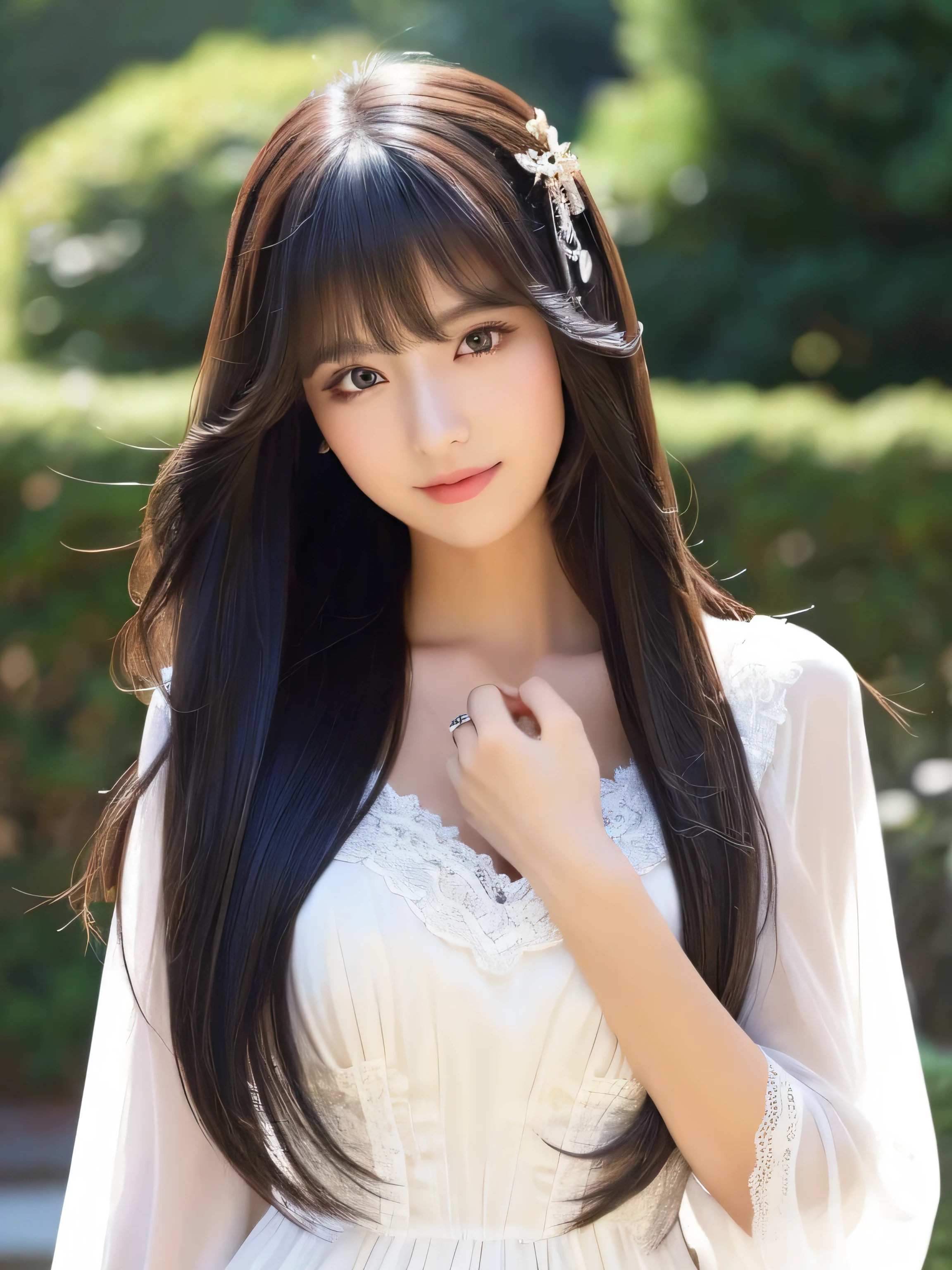 ((Full Body Shot:1.5))　(big 1.4)　((highest quality)), ((masterpiece)), (Get used to it), Perfect Face　(1 girl)　(Japanese)　(She is 24 years old、The most beautiful fantasy women in Japan)　((highest quality)), ((masterpiece))　((Her incredibly straight, waist-length, high quality hair is very shiny and glossy and has a lot of volume and shine. Her hair is a deep black.))　(Her bangs are beautiful and full:1.3)　(She has perfect beautiful makeup　Lipstick is light red　Ilaner is a beautiful black)　Anatomically correct hand　Thin fingers　Anatomically correct five fingers　Beautiful Japanese girl face, (Long Hair shiny Long Hair, length, Shiny Thick black hair, length, Her hair is long and straight, Super Long Hair girl, Silky Hair, Silky Hair, length, Flat Hair, Silky texture, Long Hair, length, Flowing, Thick black hair, thin and shiny hair)　Anatomically correct、White beautiful human skin and detail of hands and fingers　Beautiful Eyes　Mouth Details　the corners of the mouth rise slightly　Cool look　　(The eyebrows are dark brown in color)　　(She is wearing a fantasy pure white lace gown dress and healing spellcaster gear..:1.5　She is wearing a gorgeous white Victorian dress:1.I&#39;wear 5..)　(This is a forest in a fantasy world.:1.5)　(She has a healing wand、Posing as if casting a healing spell:2.2)　(Open your mouth:1.3)　(She turns to the viewer and smiles sweetly.)