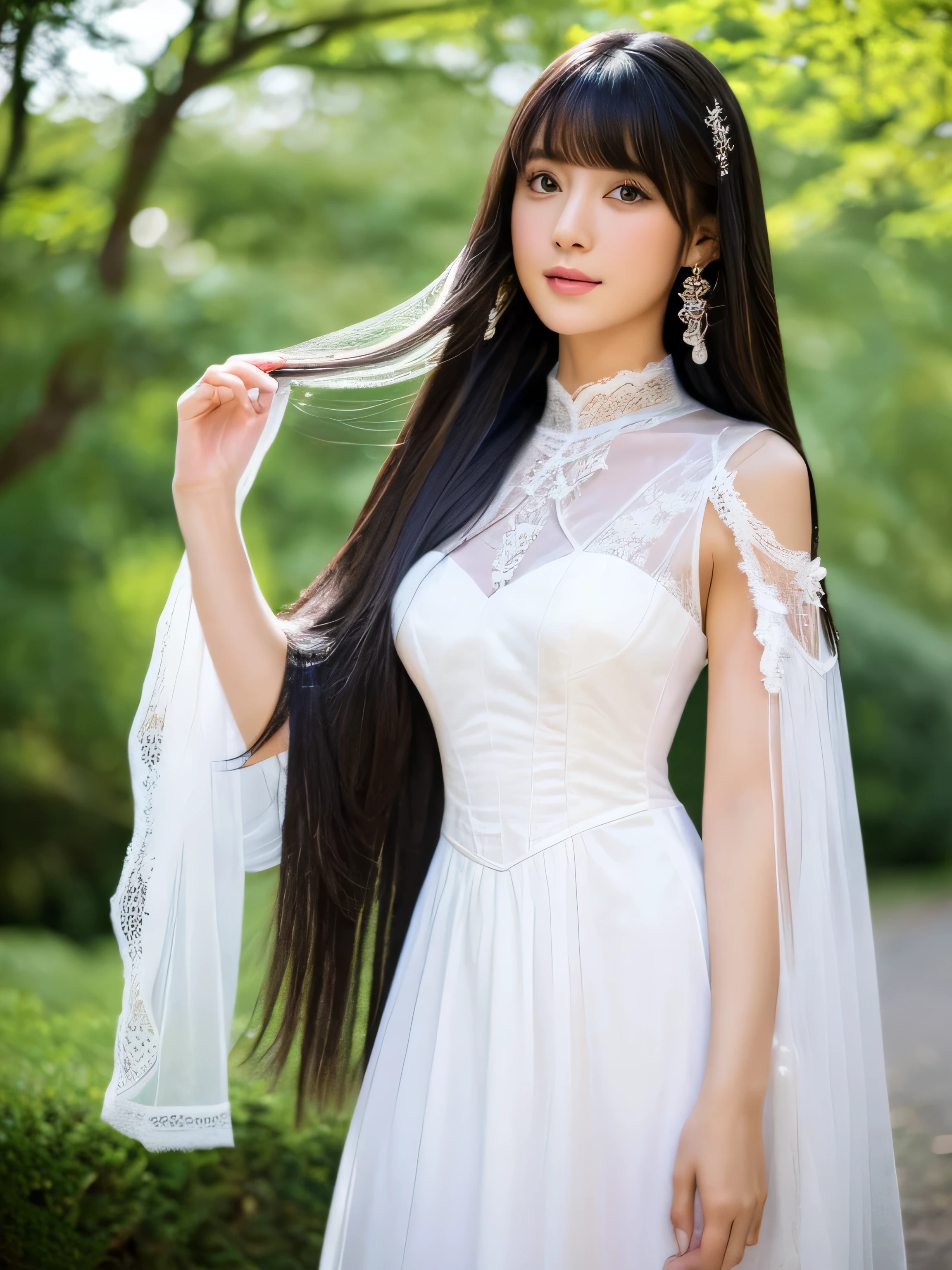 ((Full Body Shot:1.5)) (big 1.4) ((highest quality)), ((masterpiece)), (Get used to it), Perfect Face (1 girl) (Japanese) (She is 24 years old、The most beautiful fantasy girls in Japan) ((highest quality)), ((masterpiece)) ((Her hair is incredibly straight, reaches down to her waist, is very shiny and glossy, and has a lot of volume and shine. Her hair is a deep black.)) (Her bangs are beautiful and full:1.3) (She has perfect beautiful makeup Lipstick is light red Ilaner is a beautiful black) Anatomically correct hand Thin fingers Anatomically correct five fingers Beautiful Japanese girl face, (Long Hair shiny Long Hair, length, Shiny Thick black hair, length, Her hair is long and straight, Super Long Hair girl, Silky Hair, Silky Hair, length, Flat Hair, Silky texture, Long Hair, length, Flowing, Thick black hair, thin and shiny hair) Anatomically correct、White beautiful human skin and detail of hands and fingers Beautiful Eyes Mouth Details the corners of the mouth rise slightly Cool look (The eyebrows are dark brown in color) (She is wearing a fantasy pure white lace gown dress and healing spellcaster gear..:1.5 She is wearing a gorgeous white Victorian dress:1.I'wear 5..) (This is a forest in a fantasy world.:1.5) (She has a magic wand、Pose for casting ice magic:2.2) (Open your mouth:1.3) (She turns to the viewer and smiles sweetly.)