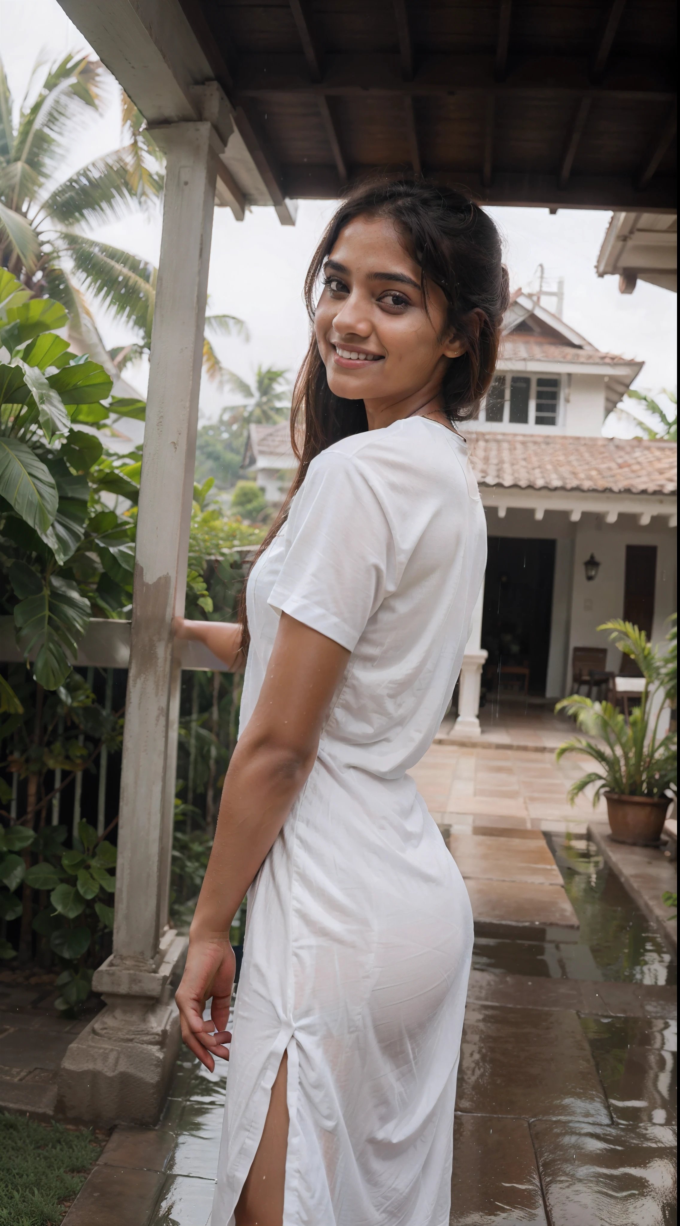 kerala girl, looks like Hermoine Granger, wearing a white t-shirt and jeans, smiling, standing in the shade of a house, luxurious house, realistic dress, raining, luxury, f/8, realistic nature, long shot from the side, enjoying the rain, realistic skin texture, raw,