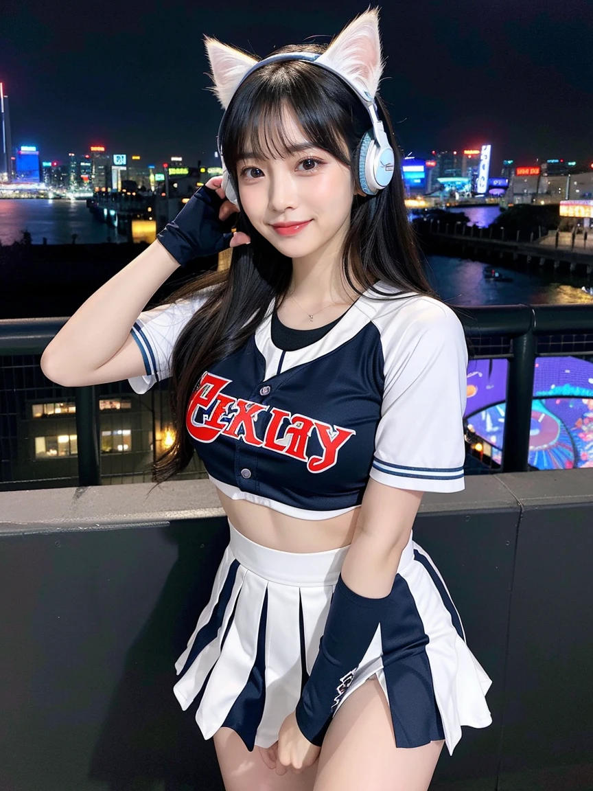 Full body photo、whole、最high quality, masterpiece, 32k、Very detailed、Realistic、1 girl, Japanese women、Cute face, (photo Actual:1.3), Edge lighting, (Skin with attention to detail:1.2), 8k超High resolution, Single-lens reflex camera, high quality, High resolution, 4K, 8k, Optimal ratio of four fingers to one thumb, (Actual:1.3), smile、自然なsmile、Baseball Cheerleader Costumes(black、Light blue line design、Japanese professional baseball cheerleaders)、Cat ear headphones(ピンク色のネオンCat ear headphones)、cute 1 girl, Realistic、Super Realistic、32k、Very detailed、masterpiece, 最high quality, beautiful girl, beauty、 Mecha, Beautiful lighting, Sitting,Cyber Neon、Future City、Skyscraper、City Night、Shanghai、Big cities、Night view、綺麗なNight view